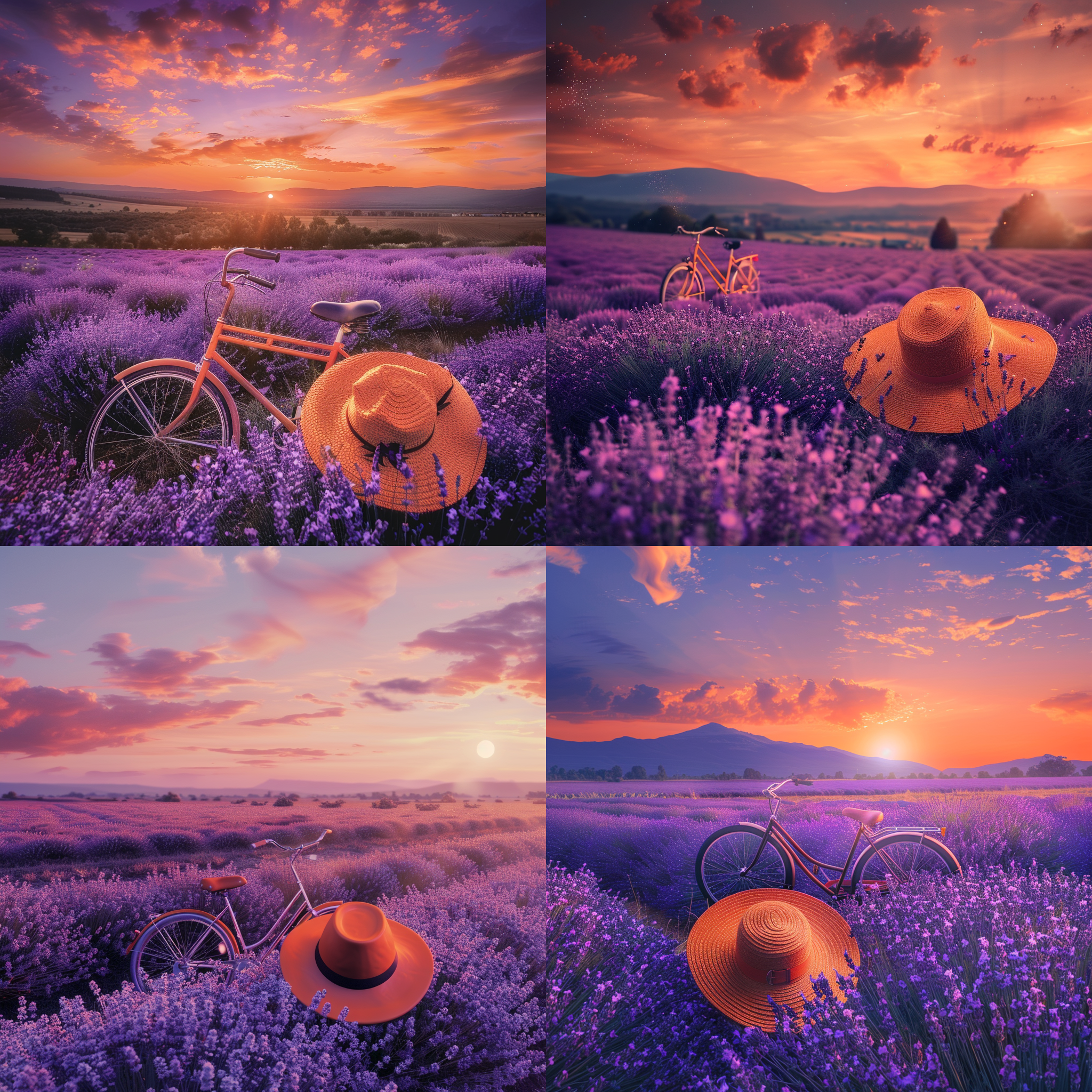 一片紫色的盛开的薰衣草上，有一顶橙色的帽子，夕阳照射下来，黄昏的美景，路边停着一辆老式自行车，明星片风格