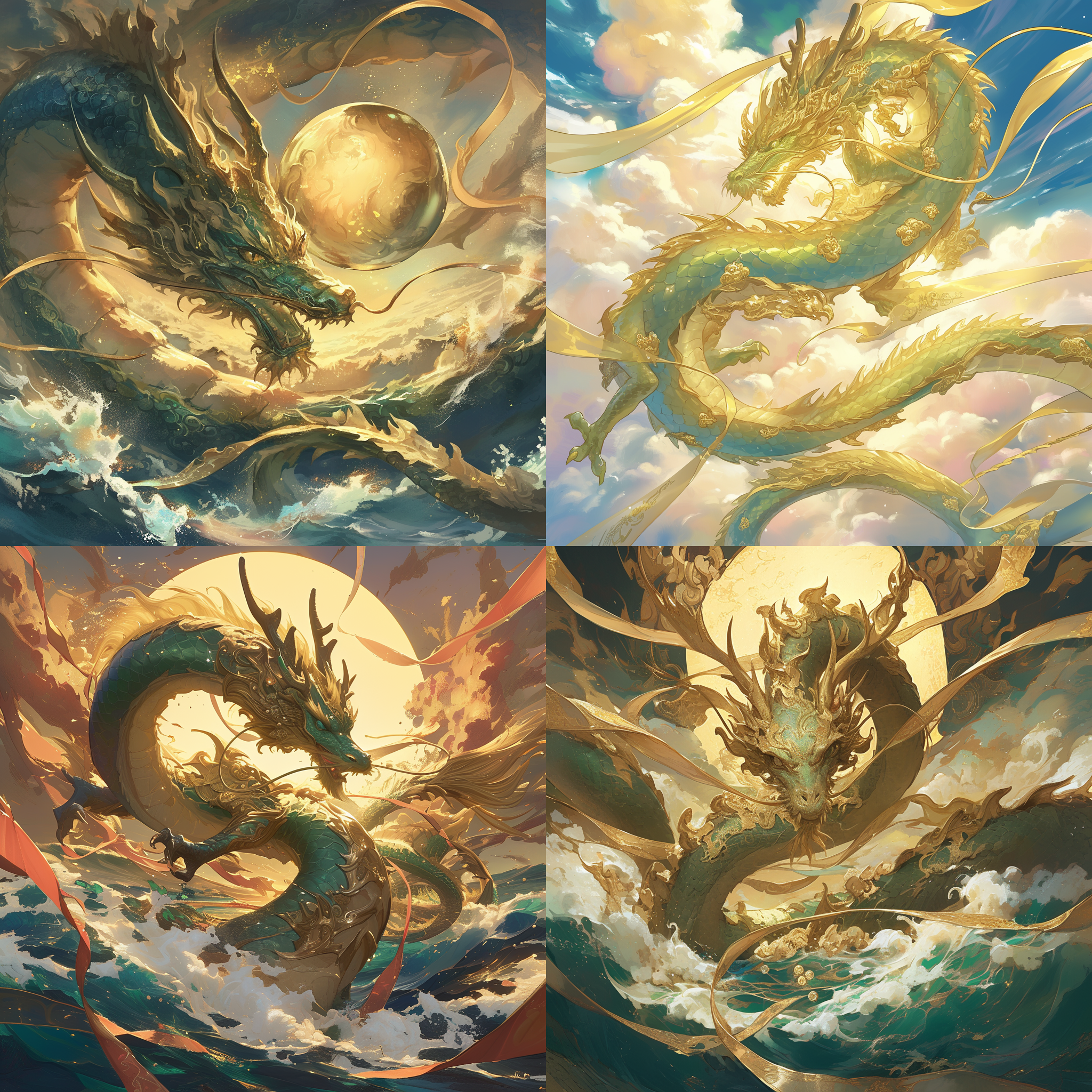 国龙抓宝珠，海浪中，金光闪耀，云纹金属装饰，飘带，清晰背景，最高画质，青龙，神秘色调，特写镜头，细节突出，动态，威严。