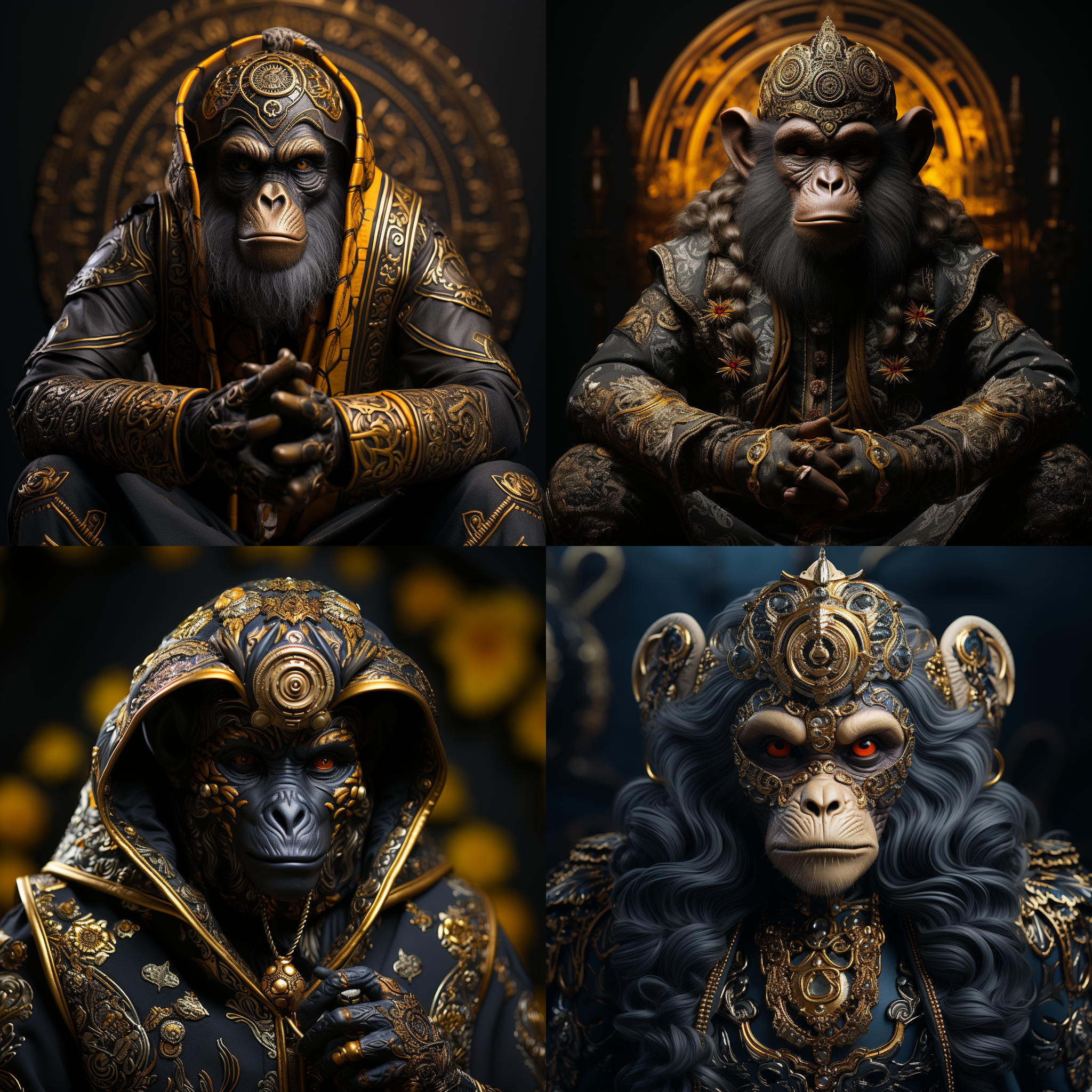 生肖猴背景，黑金服装，面具，超现实风格，zbrush制作，宗教艺术，瓷器质感，宁静面容，动感姿势，uhd图像，ar 3:4，神秘幻想，奇幻色彩，坐姿，近景，超高清，抽象艺术，虚拟现实，立体感，艳丽色彩，神秘氛围。