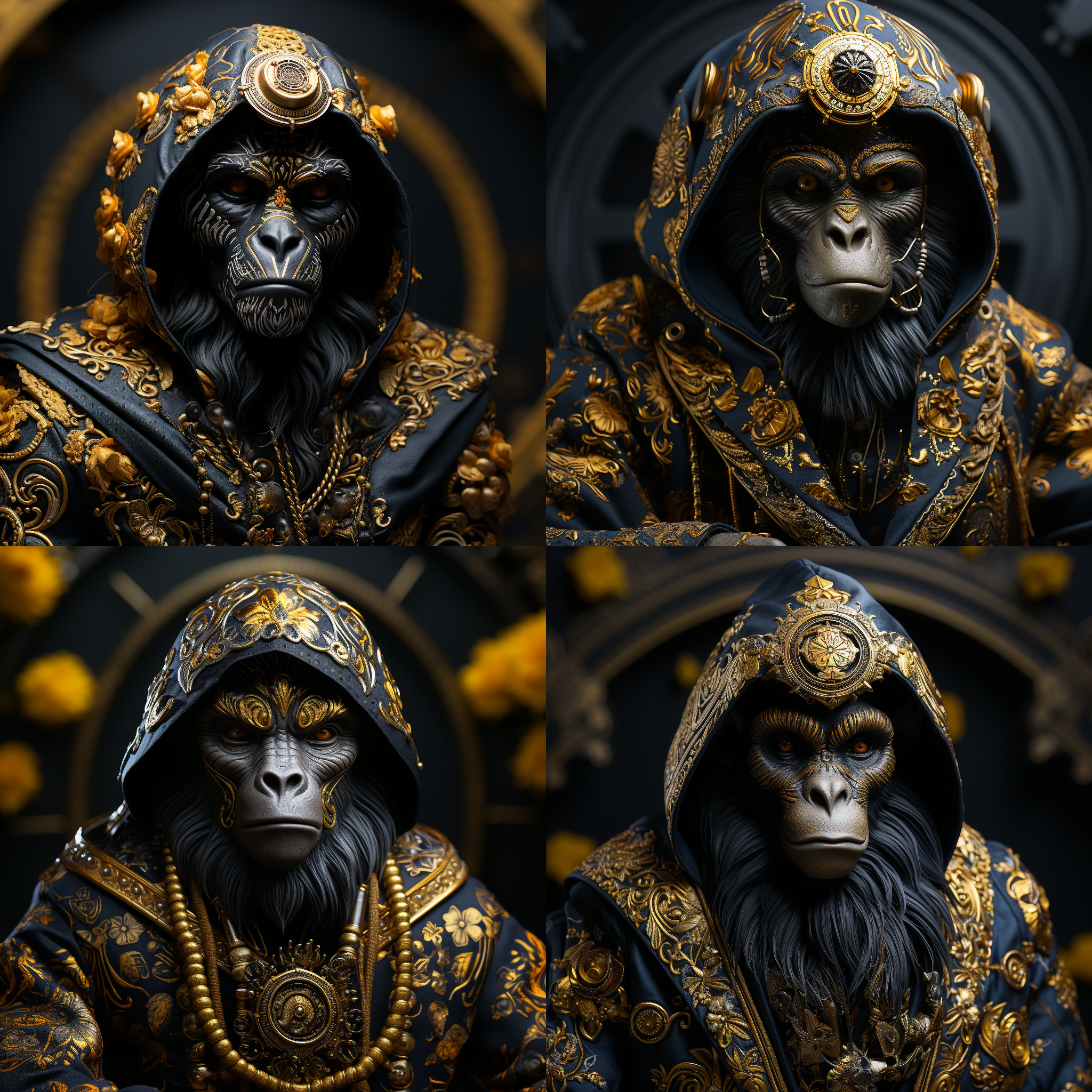 生肖猴背景，黑金服装，面具，超现实风格，zbrush制作，宗教艺术，瓷器质感，宁静面容，动感姿势，uhd图像，ar 3:4，神秘幻想，奇幻色彩，坐姿，近景，超高清，抽象艺术，虚拟现实，立体感，艳丽色彩，神秘氛围。