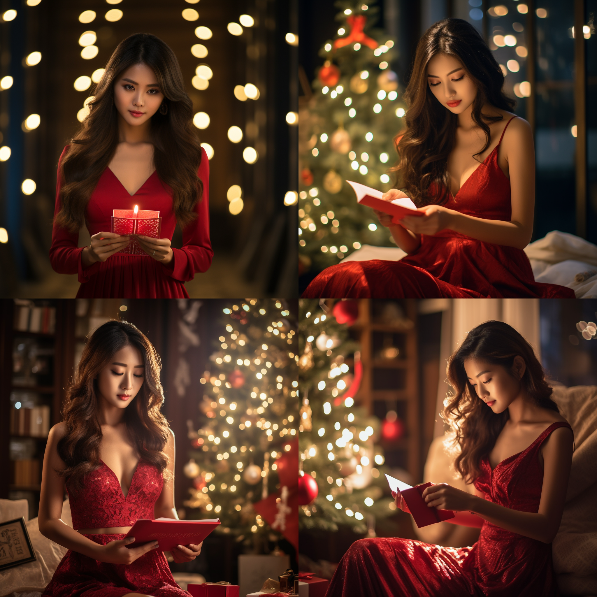 亚洲女人圣诞树前，蝴蝶结长发，拿圣诞卡，红连衣裙，柔和烛光，美丽，放松，膝盖向上，天鹅绒，dslr，卧室，长镜头（ls），最佳质量。