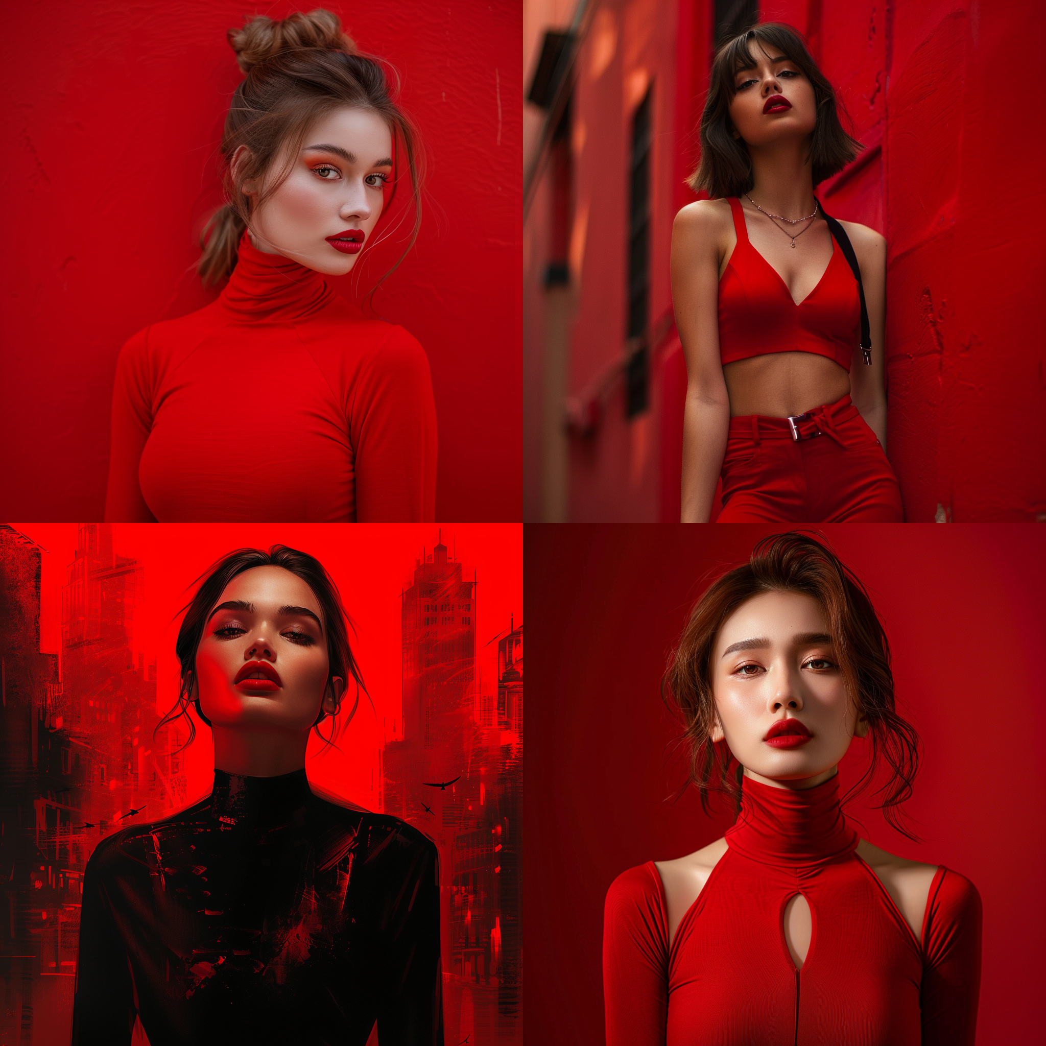 prompt. 红色背景，紧身上衣，自信力量，独立风范，红唇坚定眼神，现代女性，存在感，时尚都市，静默故事，亮点，红色世界，行人，不可忽视的风景。