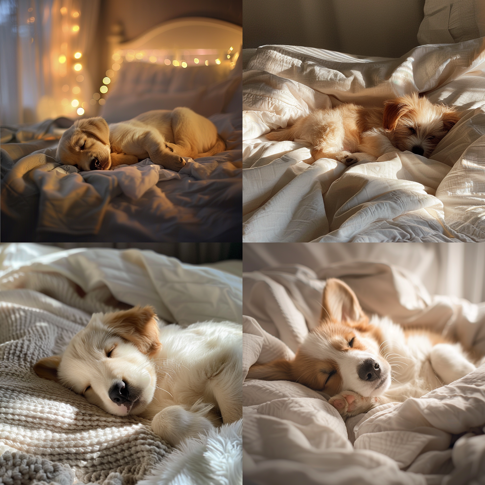 小狗睡在宜家风格卧室，银渐层，欧美简约，柔和光线，毛发细节，可爱表情，温暖色调，适中快门速度，幸福快乐。