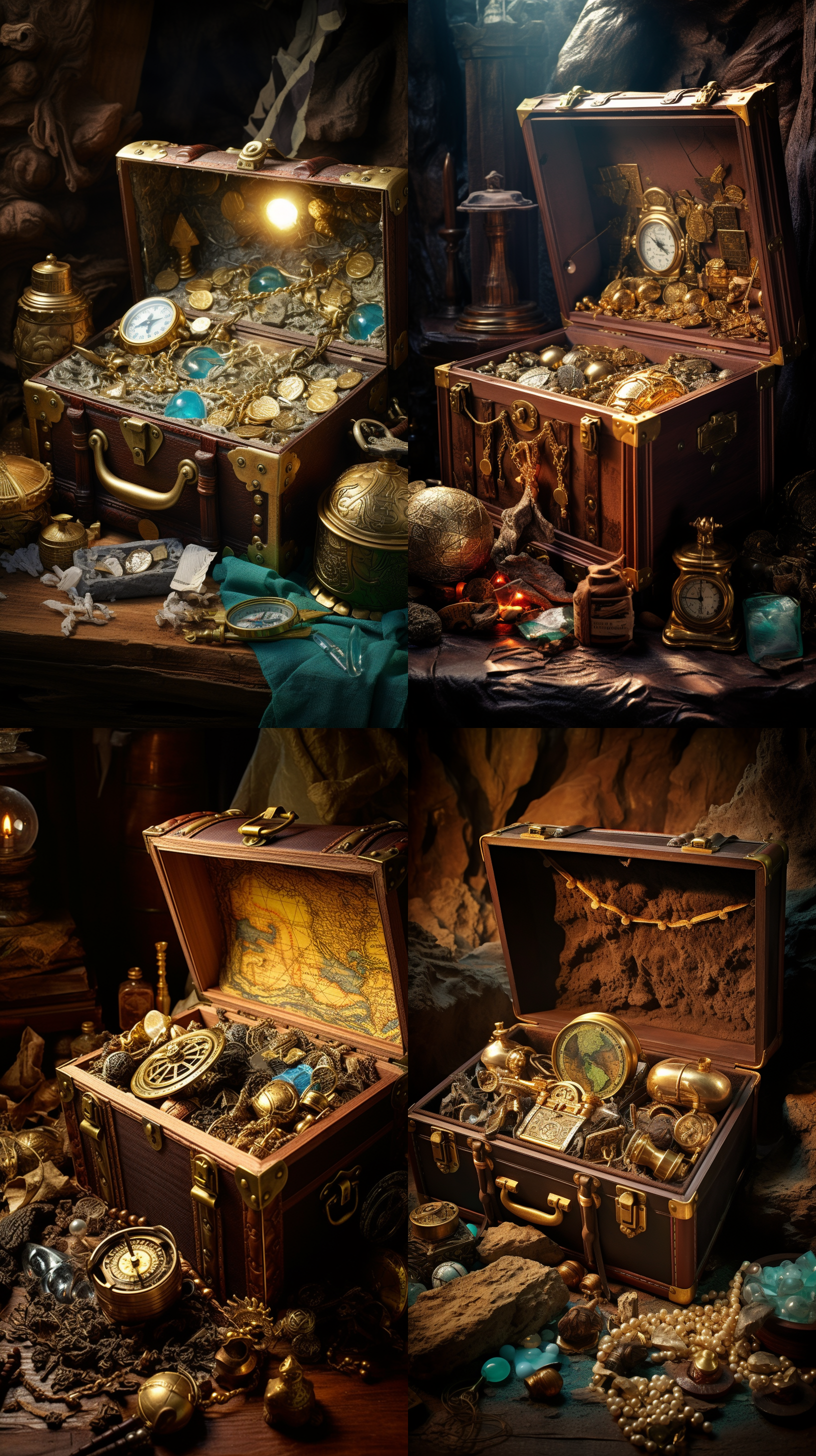 一个敞开的、装满宝石、矿物晶体和金币的vintage风格的木头宝箱，旁边有一张藏宝图，一个欧洲18世纪的航海罗盘，一个金属划规，，一个18世纪风格的单筒望远镜，还有几个由黄金和木头制成的矿物晶体模型，背景是一个加勒比海盗风格的神秘的山洞，桌面是木质的