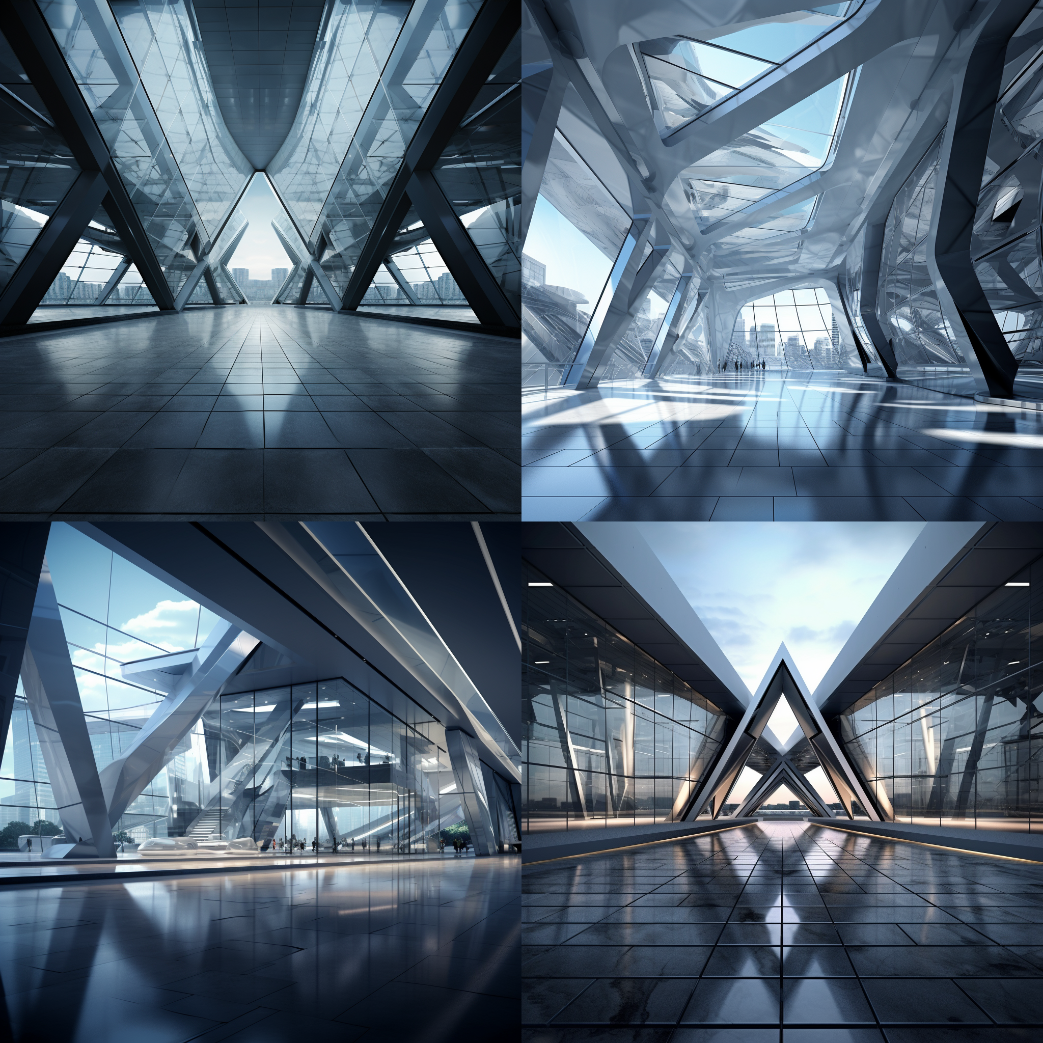 高级灰建筑效果图，现代设计，冷色调，玻璃幕墙，对称构图，中景视角，宽广镜头，明亮照明，抽象形状，几何线条，未来感。