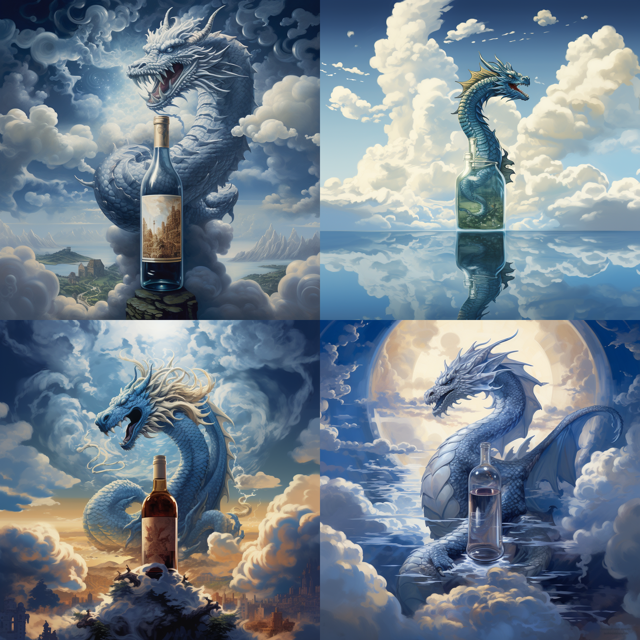 一条龙和巨大酒瓶在云间互动。酒瓶占据画面中央，巨大的龙盘绕其上方，形成对角线构图。酒瓶光滑而透明，反射着云海的倒影。威武而娇美。整个画面以蓝色和白色为主调，增添神秘感。广角镜头捕捉到宏伟的云朵，给人一种壮观的感觉。