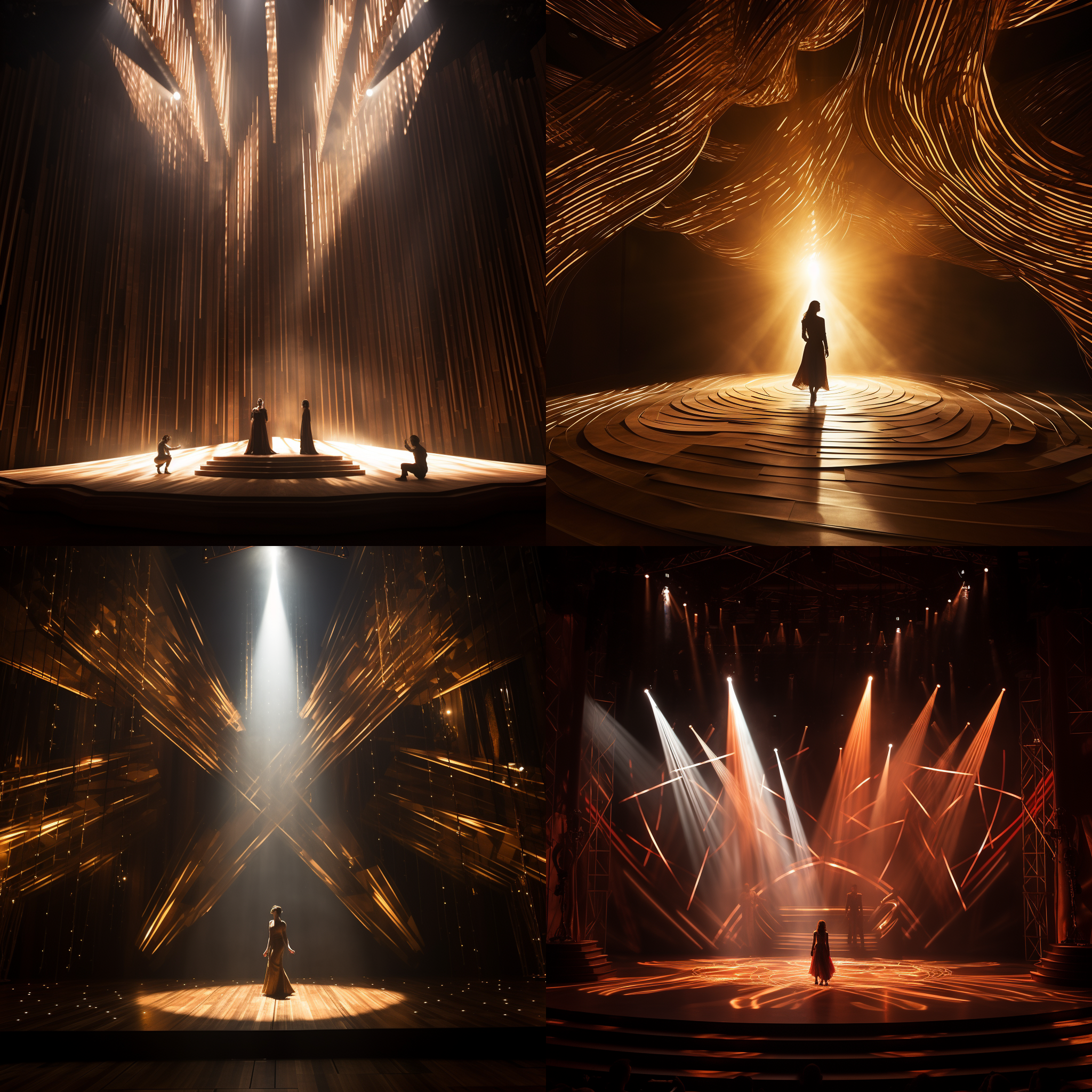 剧院舞台灯光，未来感设计，木色材质，高科技，室内空间，舞者，动态，暖色调，广角镜头，表演情绪，光影。