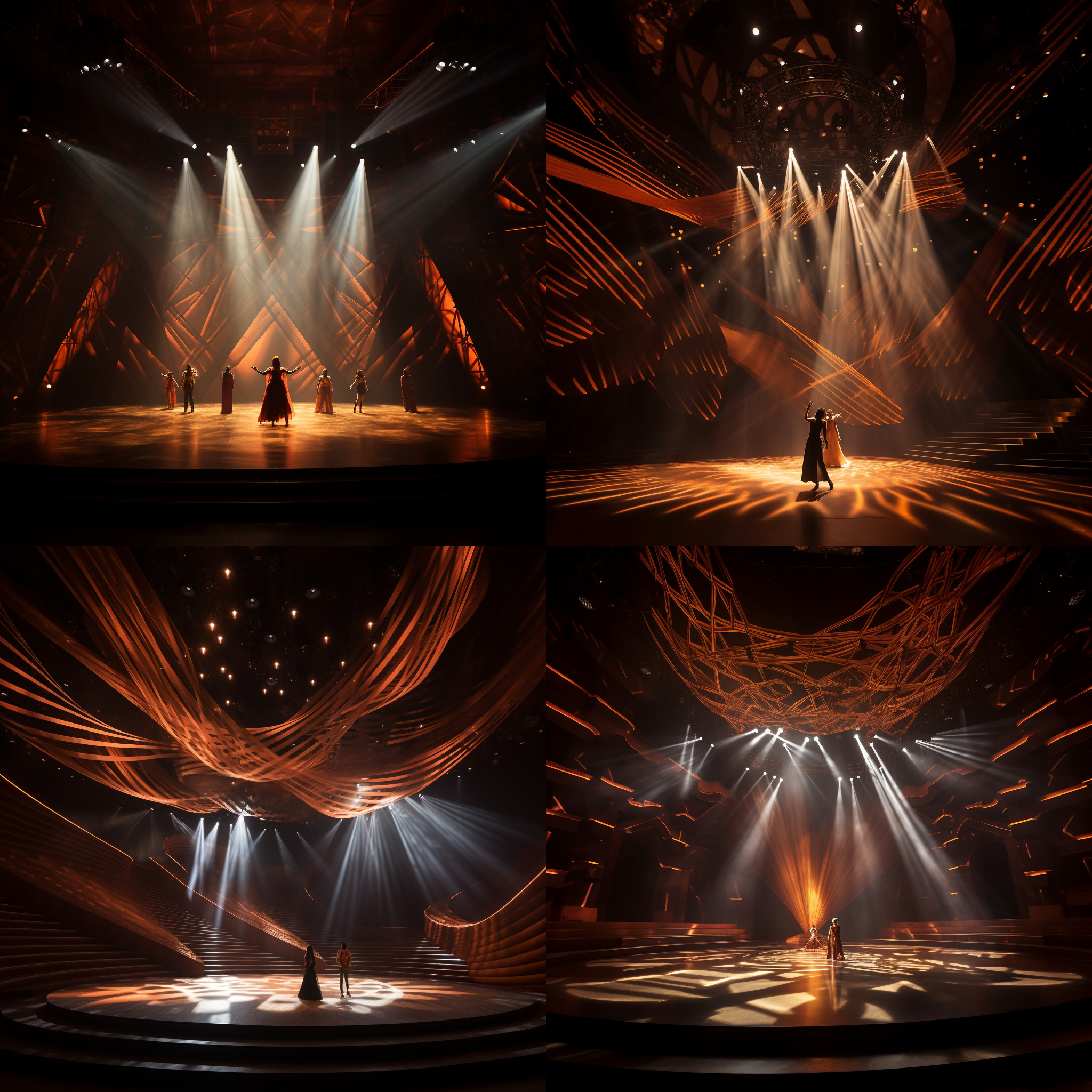 剧院舞台灯光，未来感设计，木色材质，高科技，室内空间，舞者，动态，暖色调，广角镜头，表演情绪，光影。