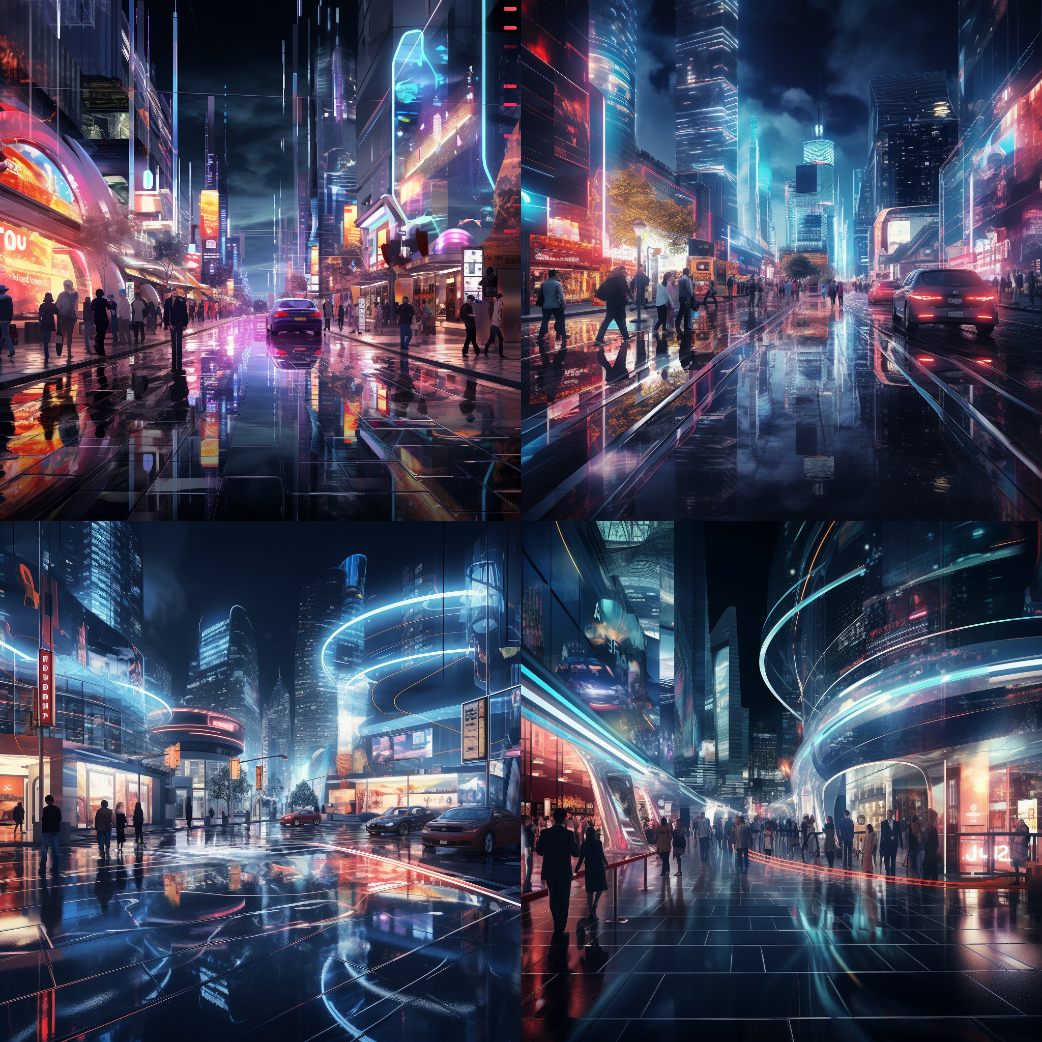 未来商业街夜景，现代建筑，高级灰调，霓虹灯光，玻璃反射，车流涌动，繁忙景象，光影交错，璀璨夜色，未来感。