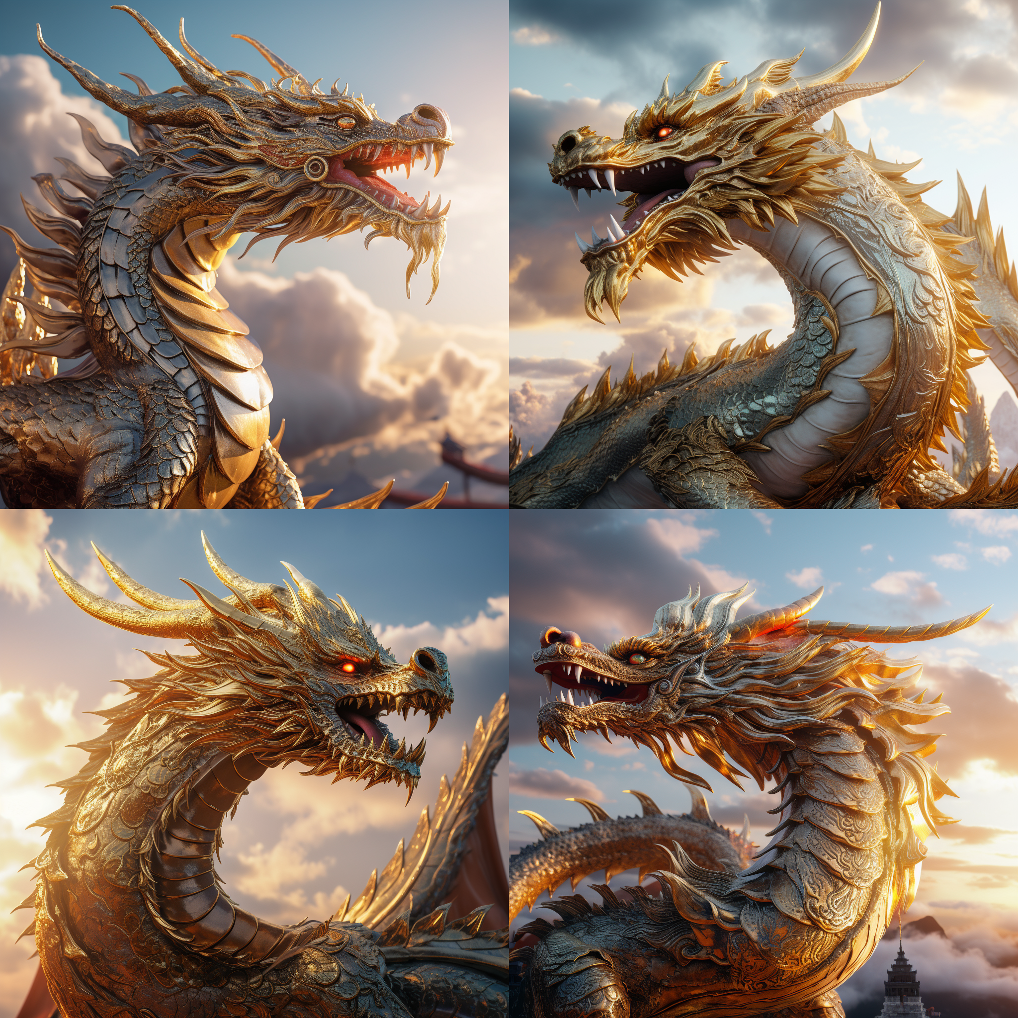 一幅宏伟壮丽的龙腾盛世特写照片。画面中，一条巨龙张开巨大的翅膀，高高飞扬在云端之上。龙身覆盖着金色鳞甲，眼神中透露着威严和力量。整个画面充满了神秘感和古老的传奇气息。景深浅，细节清晰，色彩鲜艳，给人一种震撼的视觉冲击。龙腾盛世，壮丽，神秘，金色，云端，翅膀展开，力量，传奇，古老。