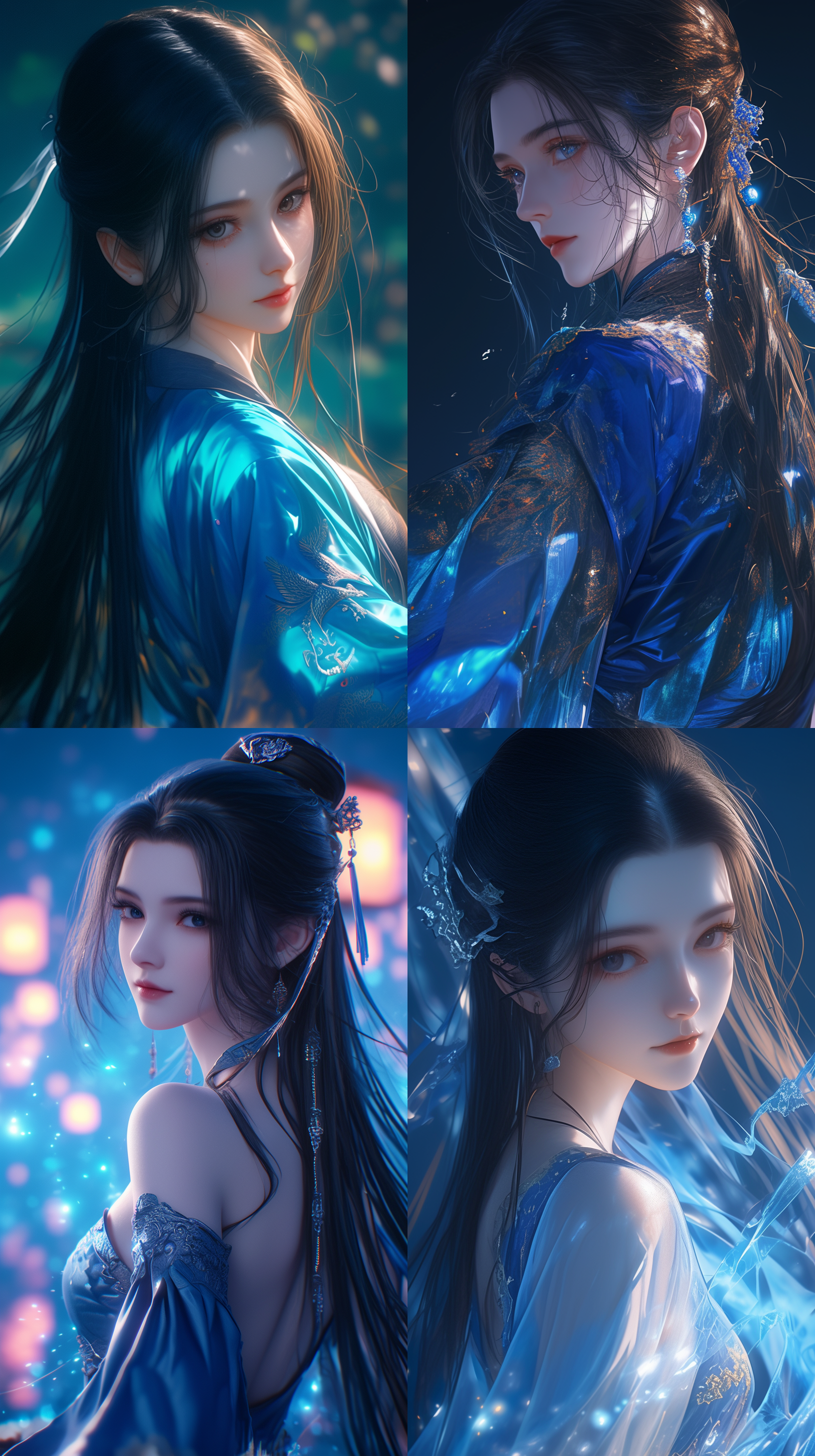 一个回头看镜头的中国美女，0.75视角，面向镜头，侧视图，特写镜头，微笑，黑色长发，青色汉服，唐装，背景虚幻，夜景光，顶光，侧光，3d，中国风插画，未来主义风格，赛博朋克，生化人