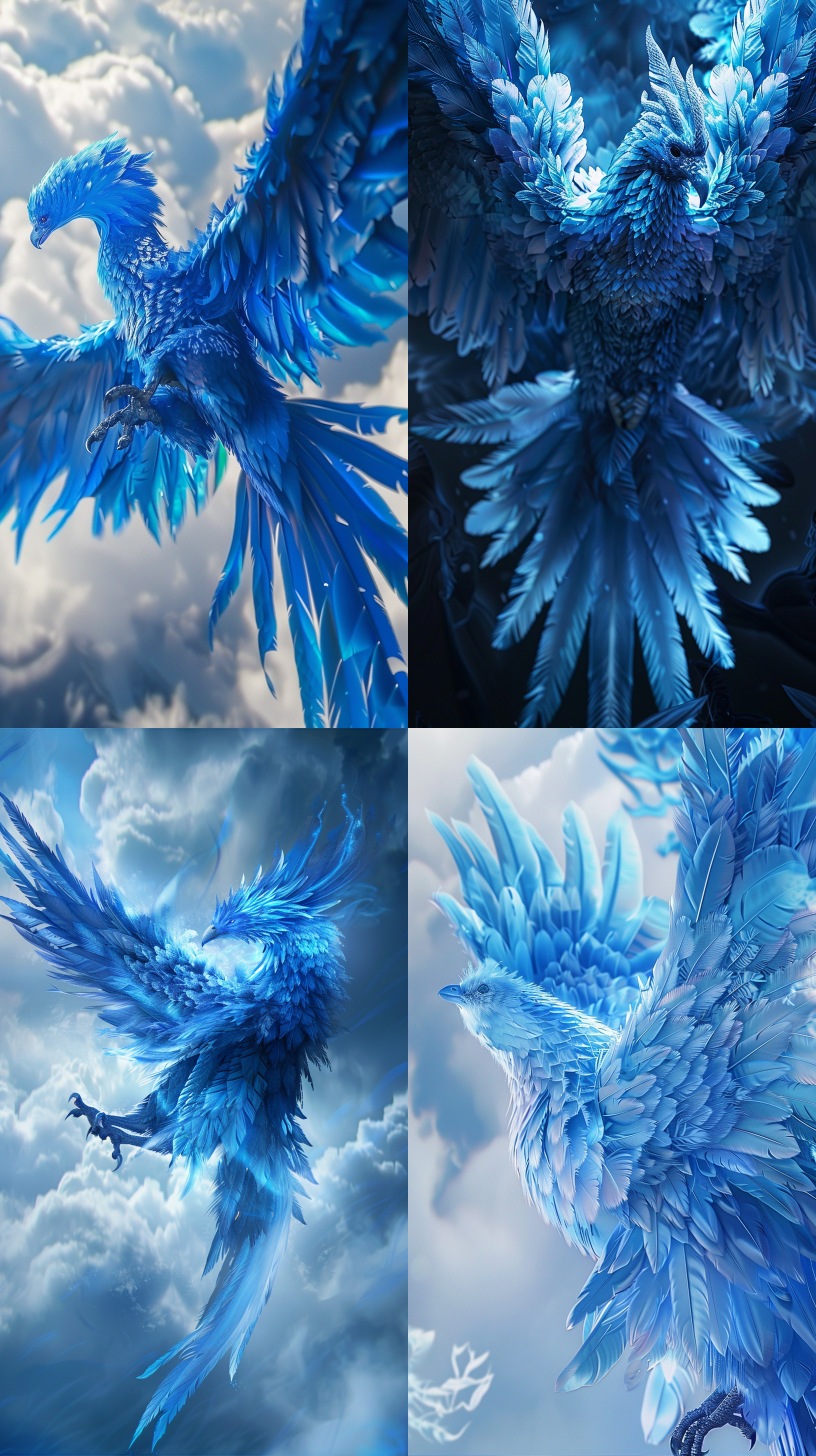 梦幻蓝的凤凰翱翔天际，羽毛栩栩如生，层次分明。肌理清晰，高分辨率，高品质，高细节，超现实外观设计。正面视角，梦幻背景衬托下，呈现出超高清画质。3d、c4d、hd、uhd技术完美展现，梦幻引擎打造的神话中的生物。中心构图，搭配莱卡镜头，打造出如苹果壁纸般的梦幻效果。