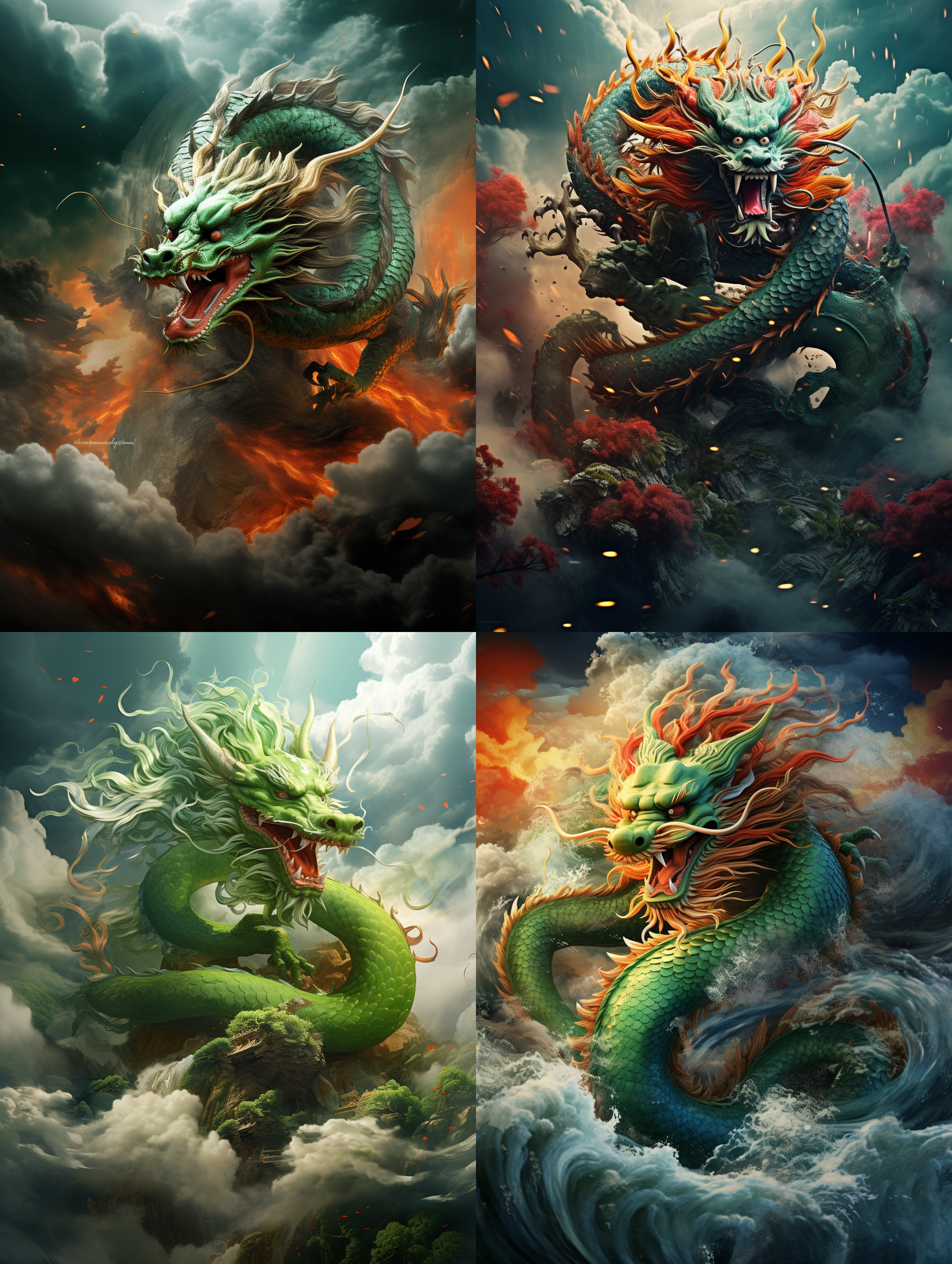 中国龙飞舞，绿色鳞片闪烁，威武凌厉。身躯雄伟，角突出，五瓜分明。五彩祥云点缀，充满故事性。高清画质，龙气势力量震撼。魔幻，神秘，壮观，神圣，威严。横向布局，广角镜头，明亮色调，动感。