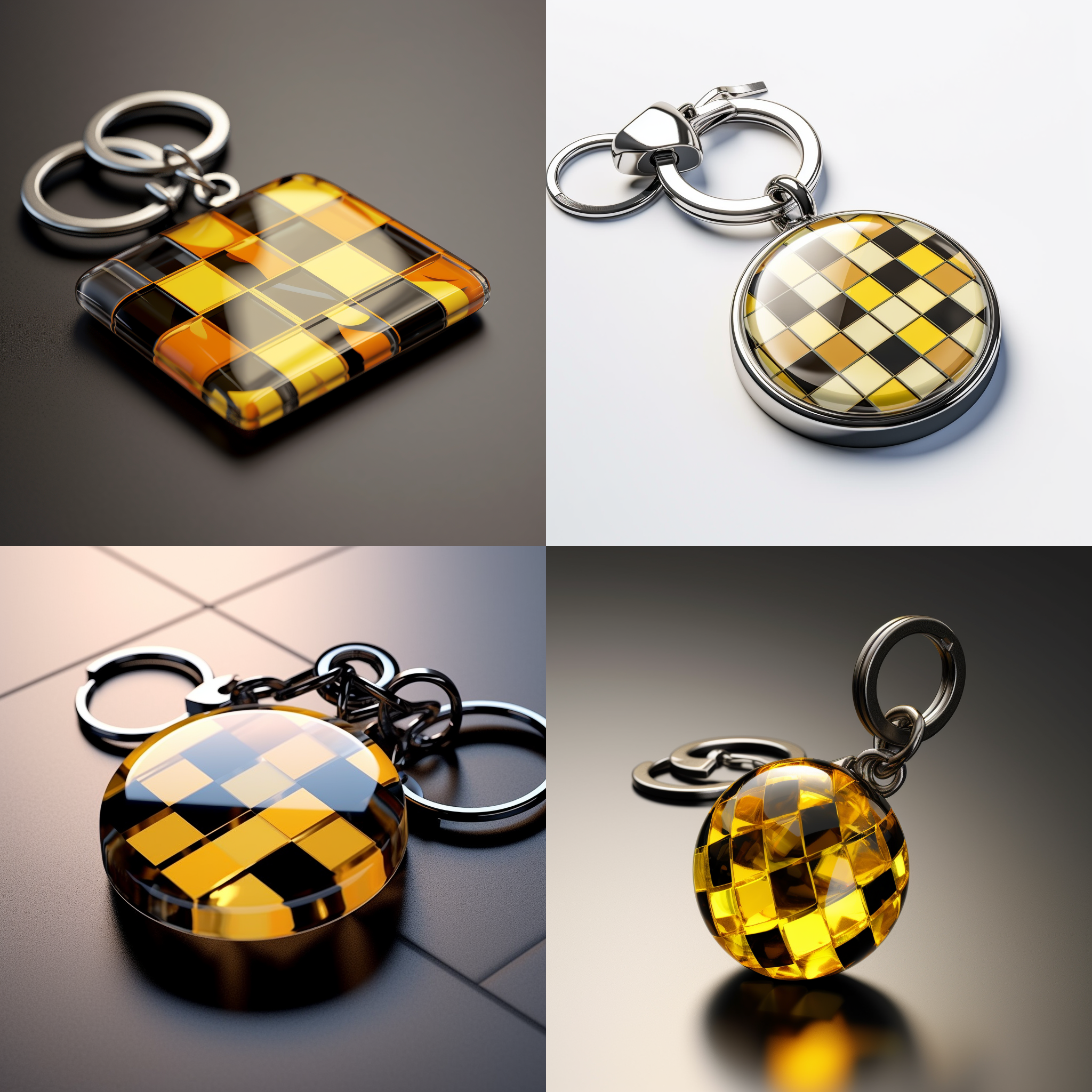 the subject is a keychain, the colors used are yellow, black, gray, brown, the design element focuses on a checkerboard pattern, the style is avant-garde, the texture is like glass transparent and smooth, targeting high-net-worth individuals,