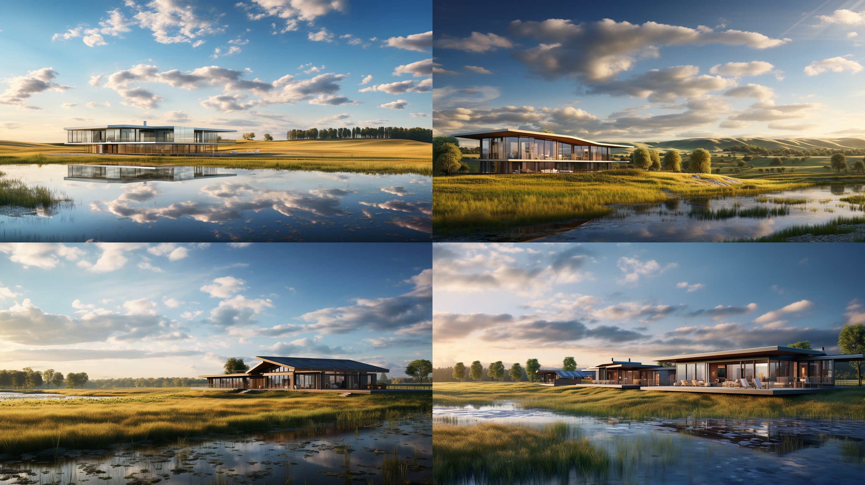 大片草原，日出，蓝天白云，河流湍急，森林边缘，两座现代感的农舍，玻璃幕墙，大落地窗，广角镜头，自然光，对称构图，静谧，温馨。