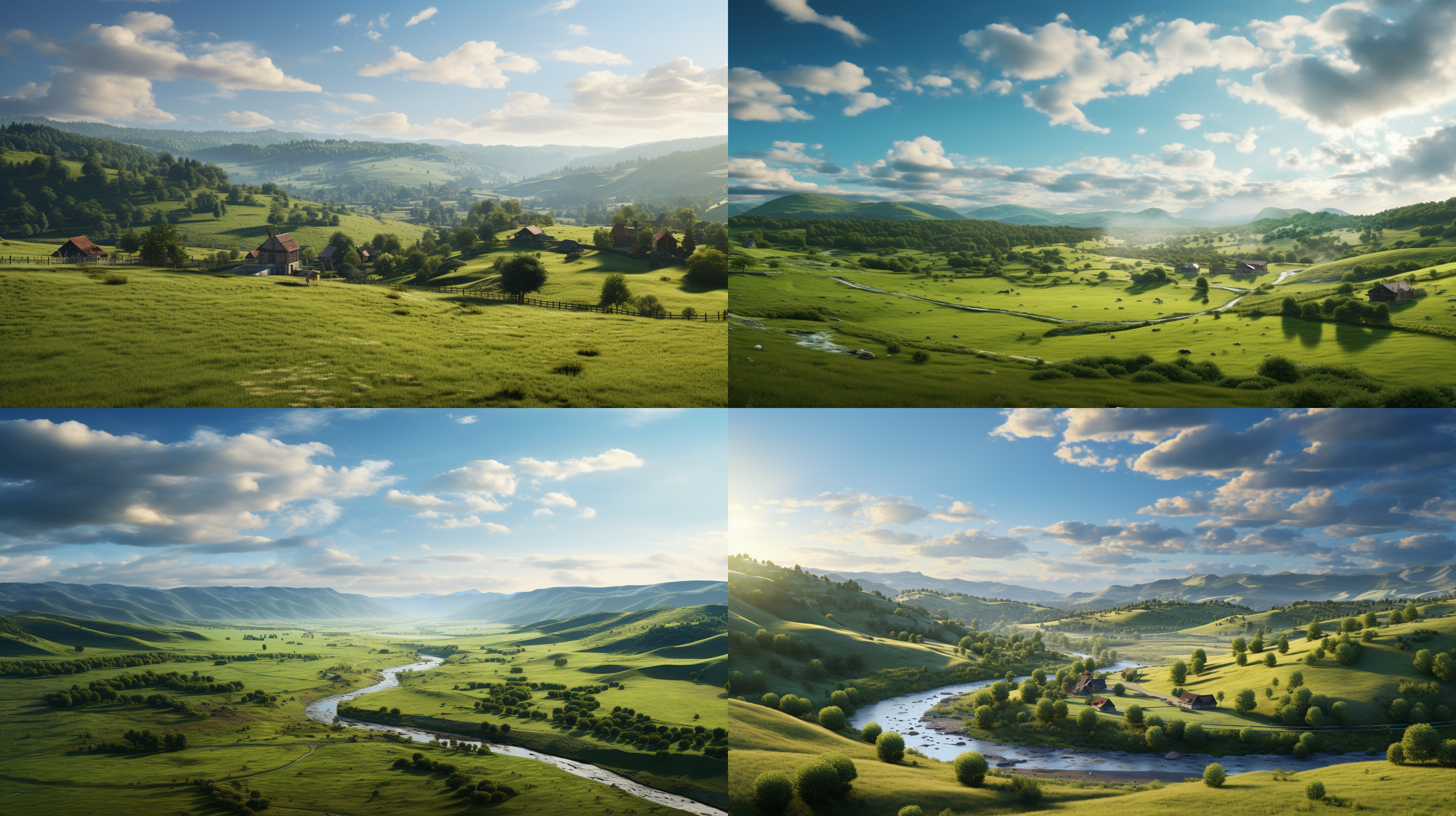 翠绿草原，小山丘，日出，蓝天白云，河流湍急，森林边缘，现代农舍，大落地窗，俯拍镜头，真实摄影风格 俯拍，广角镜头，清晰细节，自然光，宁静，和谐，清晨色调。