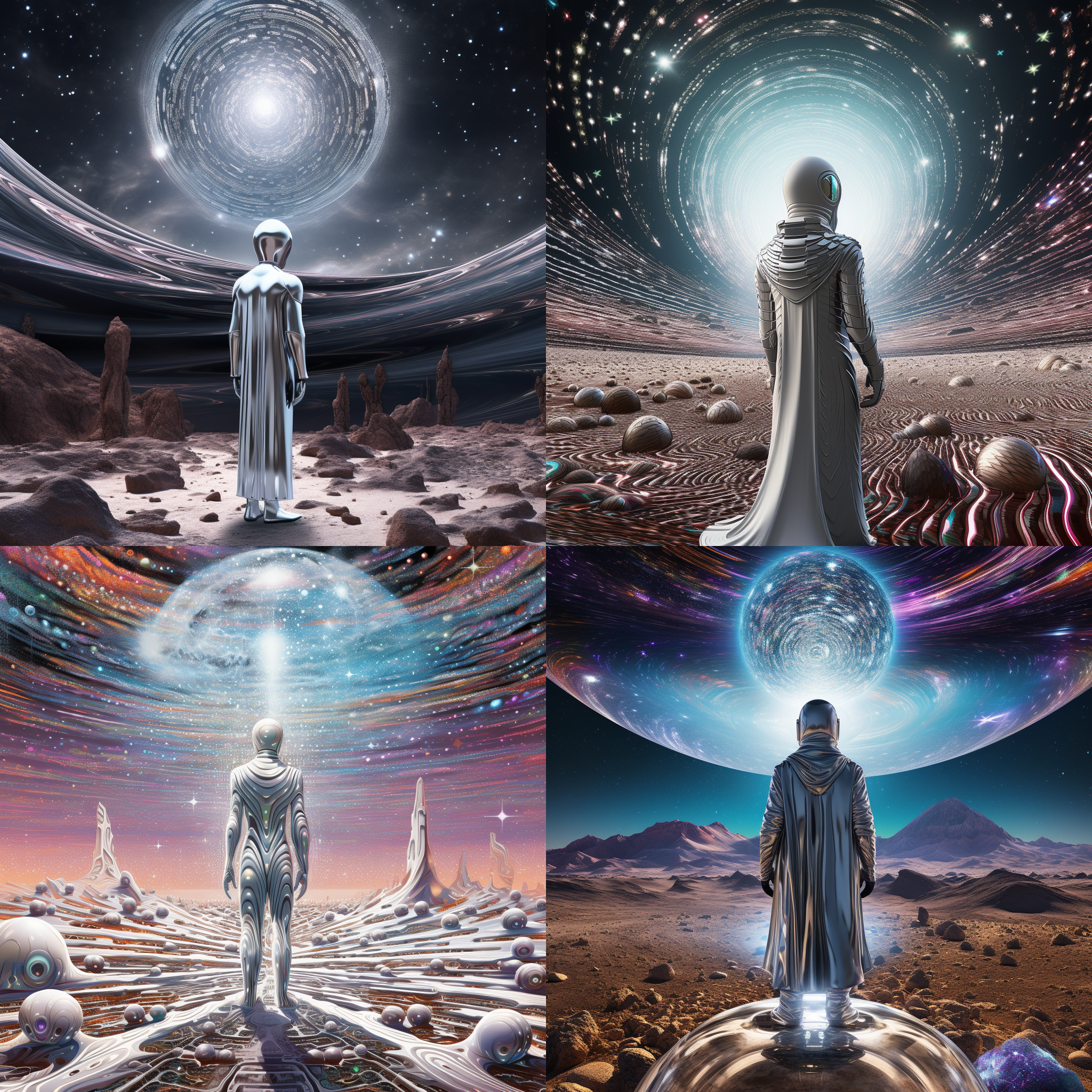 一个神秘的域外文明人物站在一片奇异的星际风景中，他身穿流线型的银白色服装，面容高贵而独特。他的眼睛透露出智慧与好奇，仿佛能洞察一切。周围是未知的星际星系，充满了明亮的颜色和闪烁的星星。整个画面呈现出科幻感和未来主义风格，彰显出域外文明的神秘和魅力。星际风景，科幻风格，银白色服装，高贵面容，明亮的颜色，闪烁的星星，未知的星际星系，智慧与好奇，神秘与魅力。