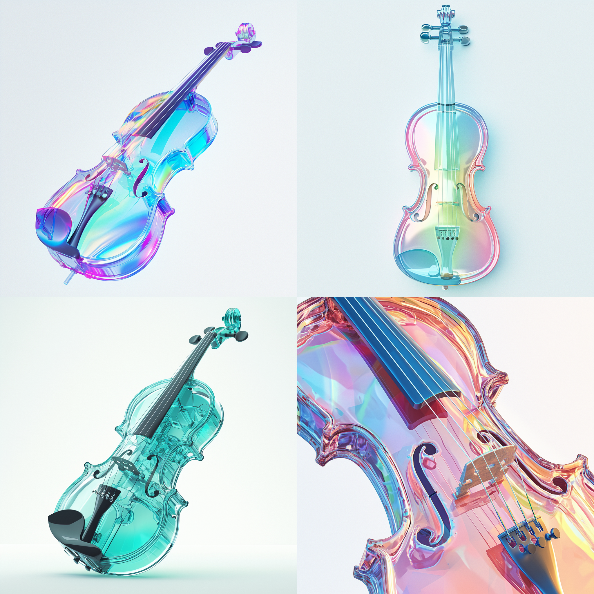 小提琴，渐变半透明玻璃熔体，激光效果，焦散，由 dieter rams 设 计，透明玻璃，简约，高细节，发光，白色背景，工业设计，工作 室照明，c4d，oc 渲染器，干净的阴影