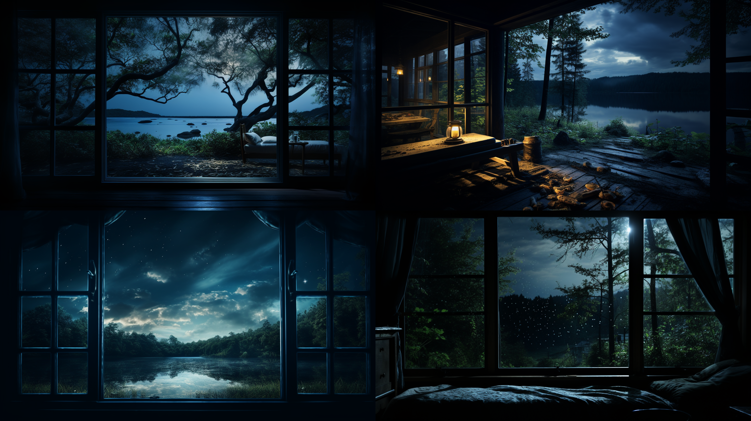 农舍窗外夜景，月光倾泻，森林湖泊草原，小月亮悬空，大玻璃窗，环境对比，宁静祥和，蓝色调，迷人光影，广角镜头。