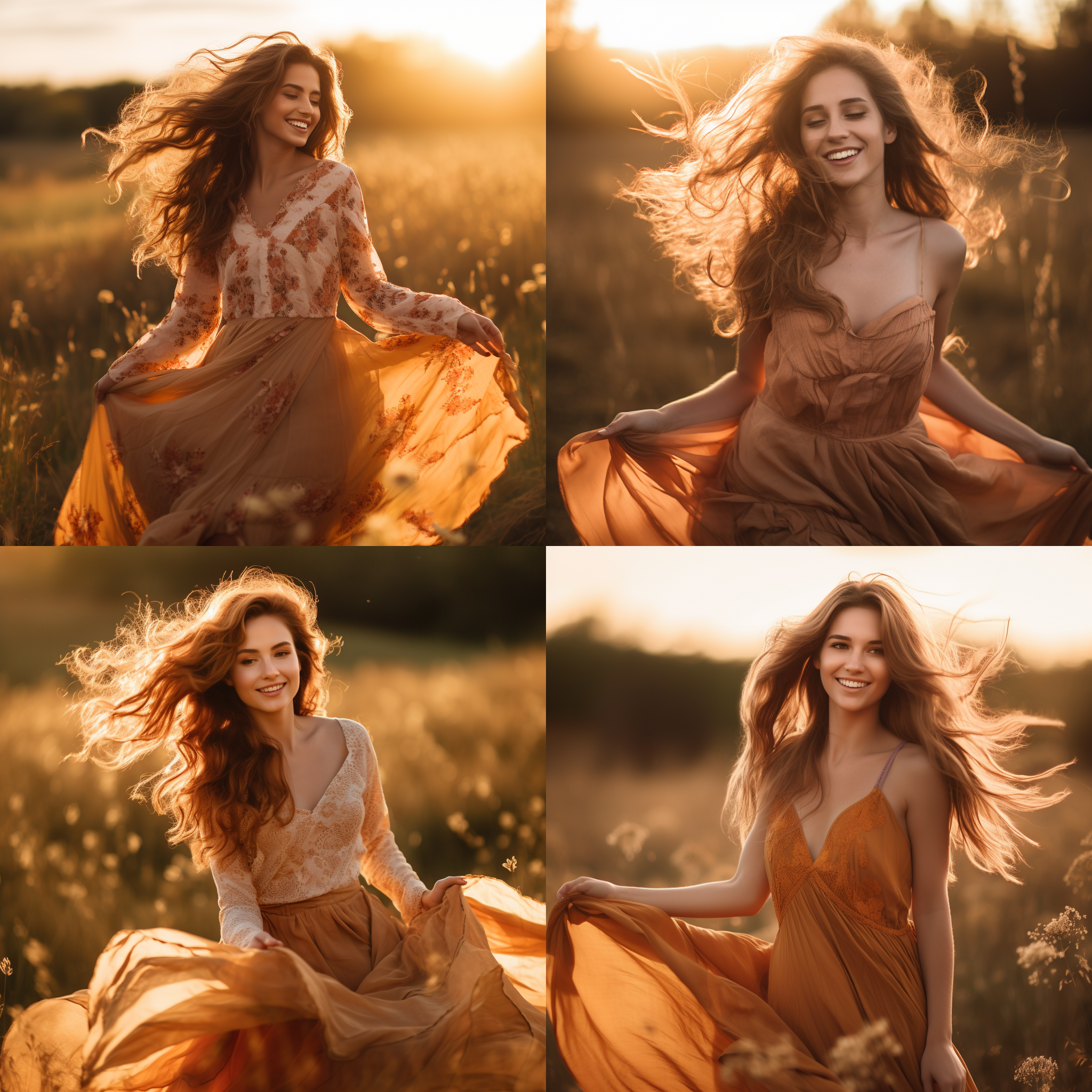 一个女孩，全身照，户外草地上，夕阳西下，穿着连衣裙，微笑着，长发飘逸，温暖色调，背景虚化，正面构图，自然光，柔和表情，欢乐。