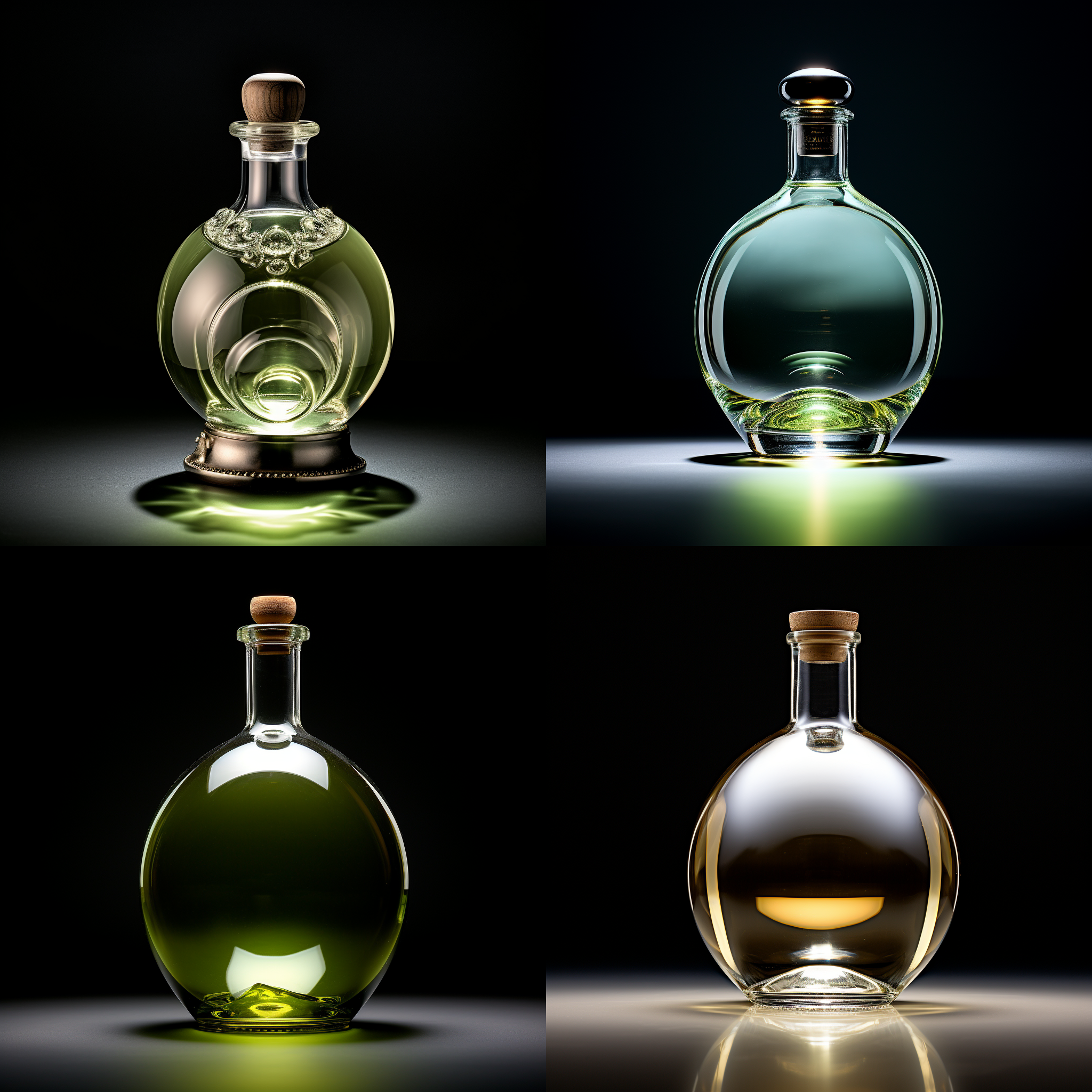 透明玻璃瓶，白酒瓶，密封玻璃盖，水晶球头，500毫升，高级产品摄影，测逆光，流线型瓶身，曲线侧影，高级感 高级产品摄影，透视构图，高对比度，室内拍摄，微距镜头，冷色调，细节丰富，精致，优雅。