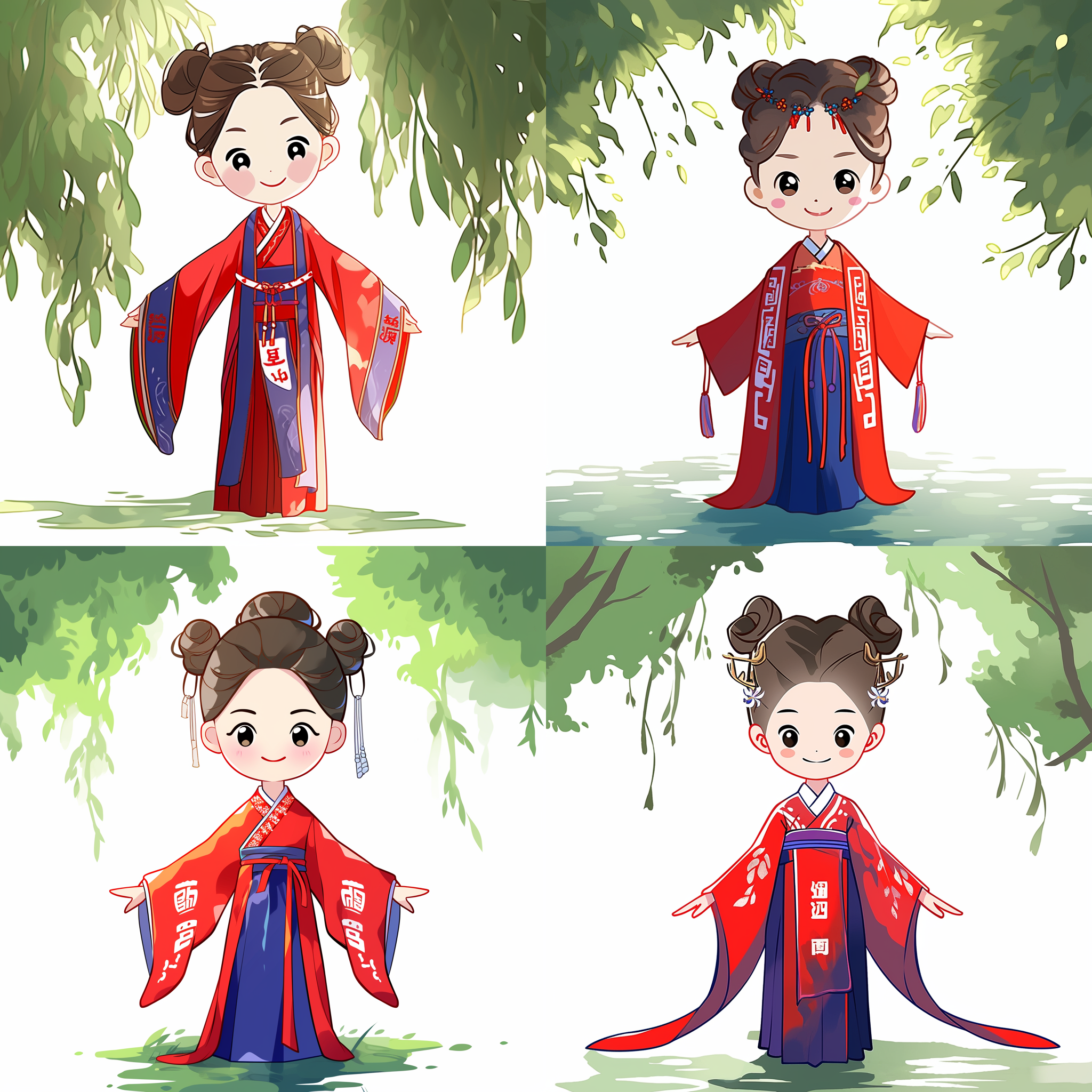 柳树枝下，河畔，清澈水面，微风拂动，垂直构图，自然光，绿色调，长焦镜头，静谧，柔和。