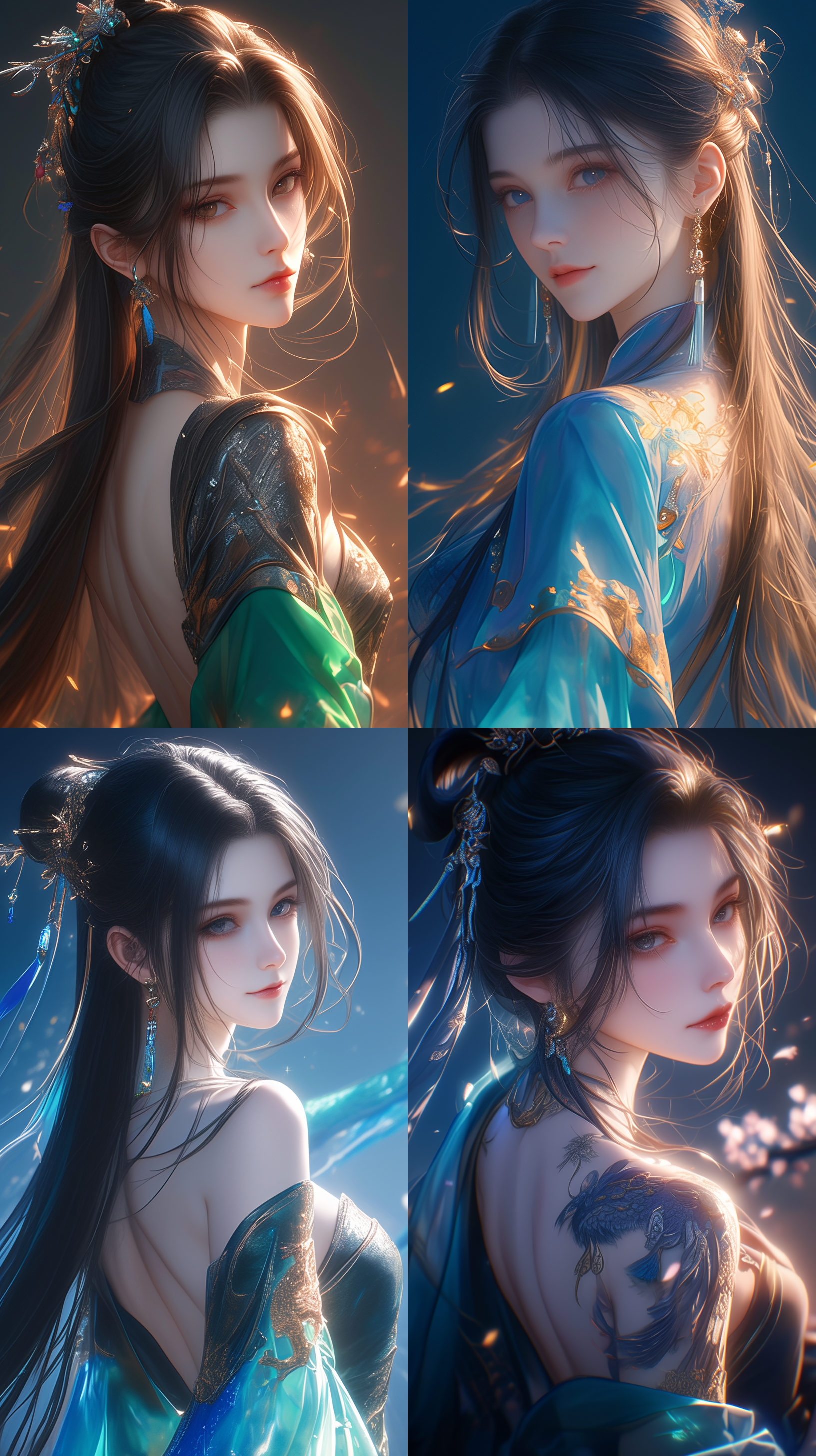 a chinese beauty looking back at the camera, 0.75 angle of view, facing the camera, side view, close-up, smile, long black hair, cyan hanfu, tang suit, unreal background, night scene light, top light, side light, 3d, chinese style illustration, future ism style, cyberpunk, cyborgs