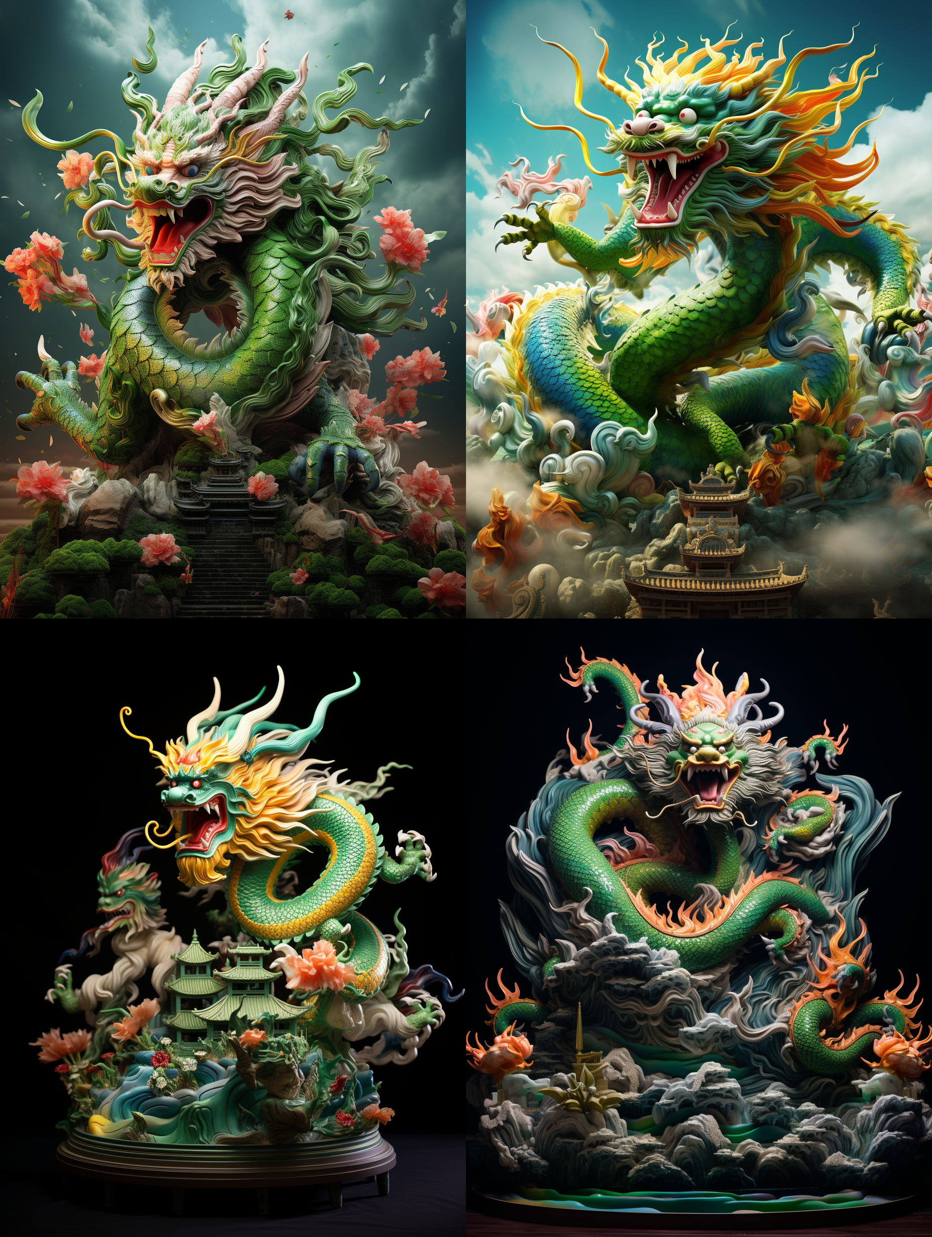 中国龙，在空中飞舞，绿色鳞片闪烁，威武凌厉。身躯雄伟，角突出，五瓜分明。以新海城风格为背景，配以五彩祥云点缀，呈现出充满故事性的场景。高清画质捕捉到每一处细节，置身于神话之中。龙的气势与力量，令人震撼。魔幻，神秘，壮观，神圣，威严。