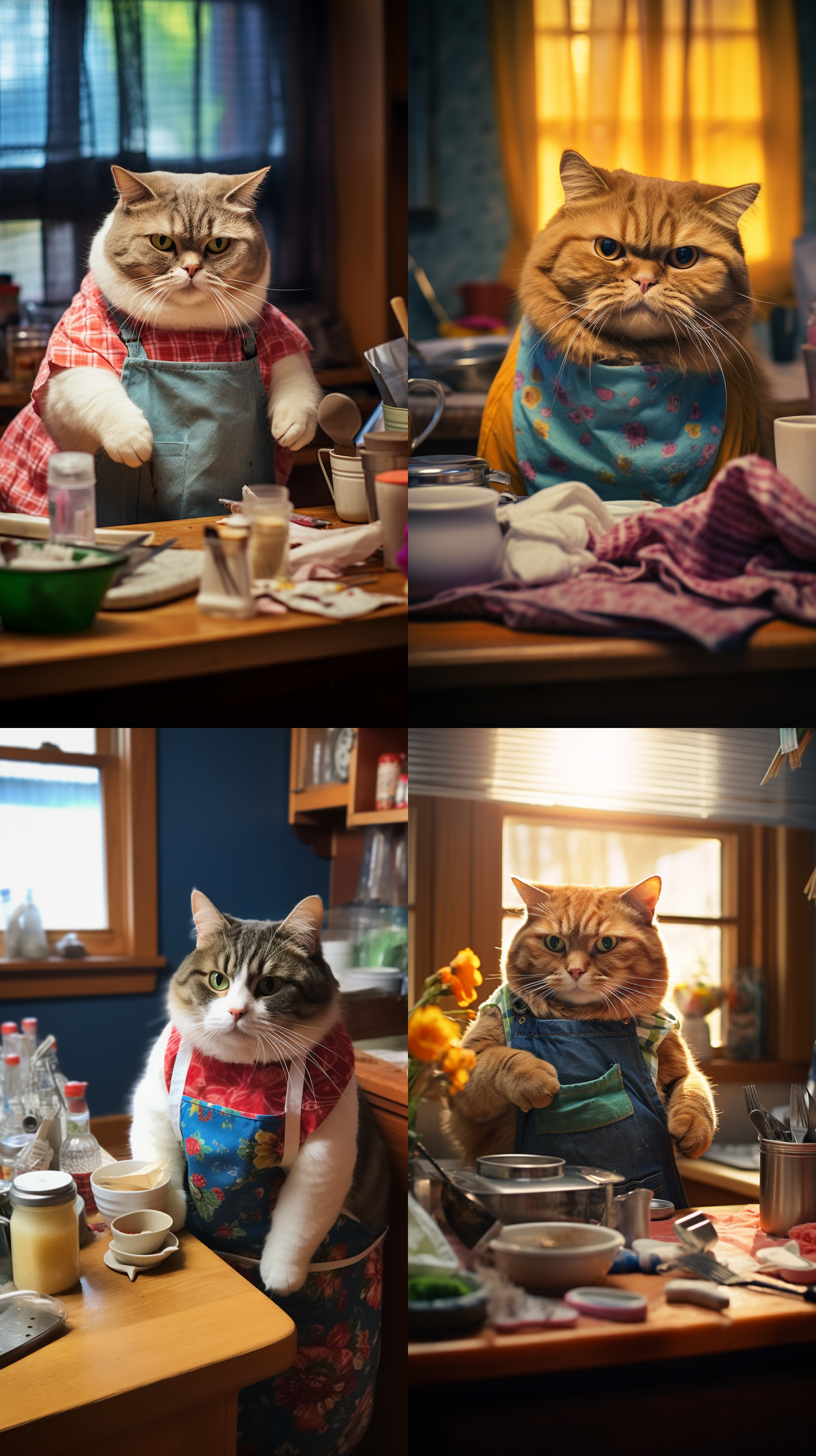 胖胖的憨憨猫猫，穿着围裙，正在擦拭桌子，房间里，明亮色调，中焦镜头，正面光，静态，温馨。