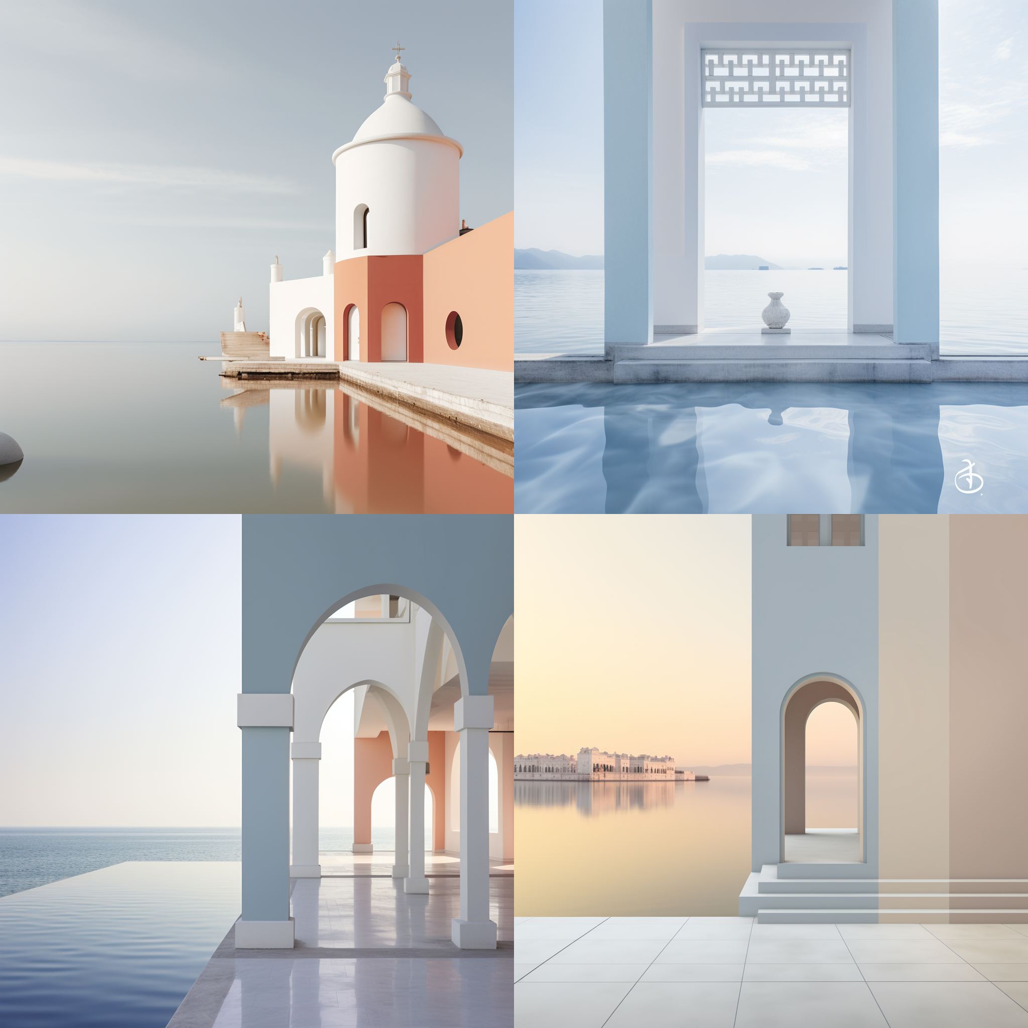 莫兰迪色调和白色，水前的兴东莫兰迪色调和白色图像，飘渺的抽象，宗教建筑，steven outram，数字处理，以禅为灵感，宽高比3:4，快门速度250。