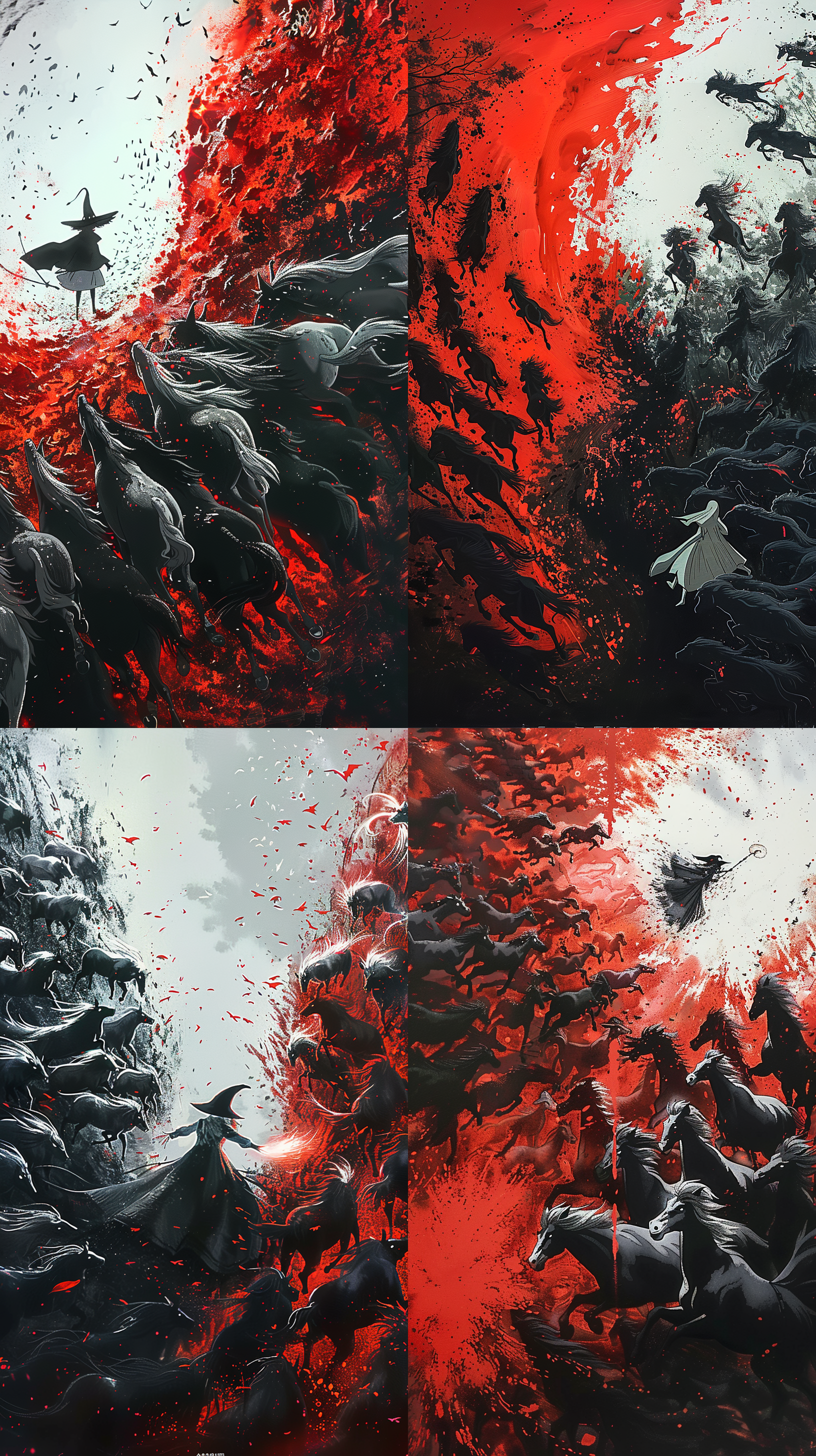 一位女巫在森林中释放魔法 宫崎骏 荒野 航拍视角 红 环境光