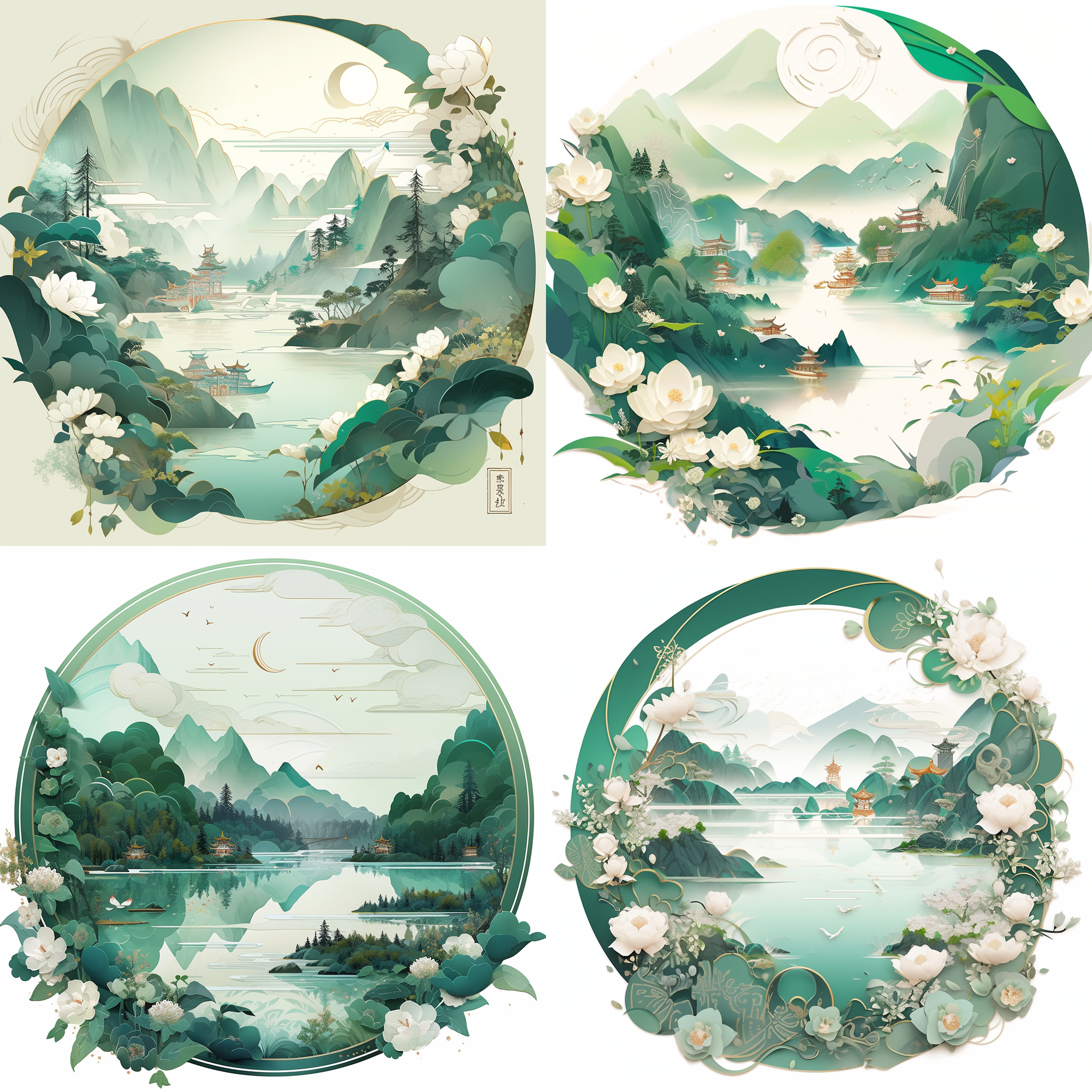 剪纸风格，中国式青绿山水，远山近水，有雕花，淡雅青绿白色，金色点缀，层次分明，立体精美，远景山水，近景精美的花丛