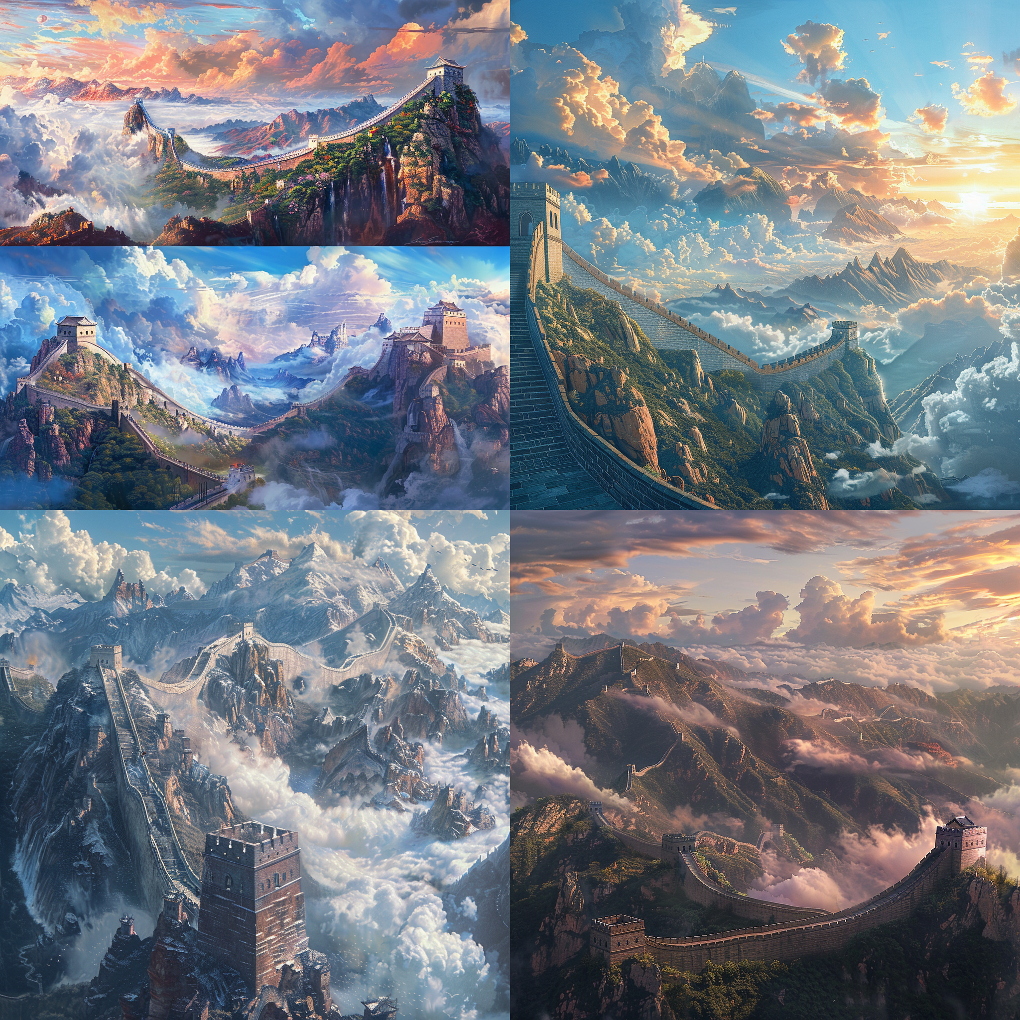 a painting of a great wall of china and a picture of a great wall of china with mountains and clouds, rossdraws global illumination, a detailed matte painting, chris labrooy, photorealism