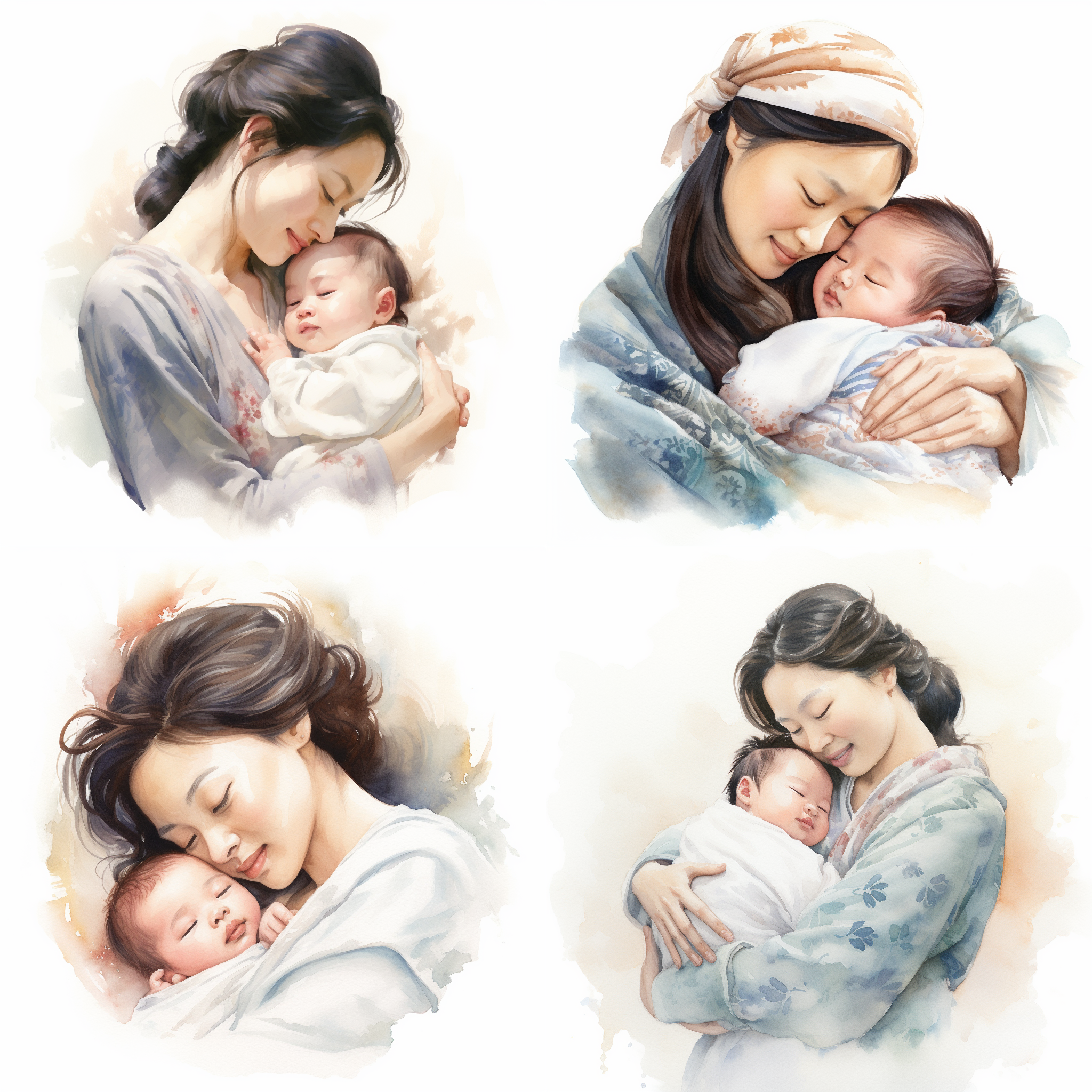 水彩，一个中国妈妈抱着初生婴儿在怀里，妈妈微笑的看着怀里的初生婴儿，初生婴儿在熟睡，白色背景，吉卜力风格，线条简约流畅