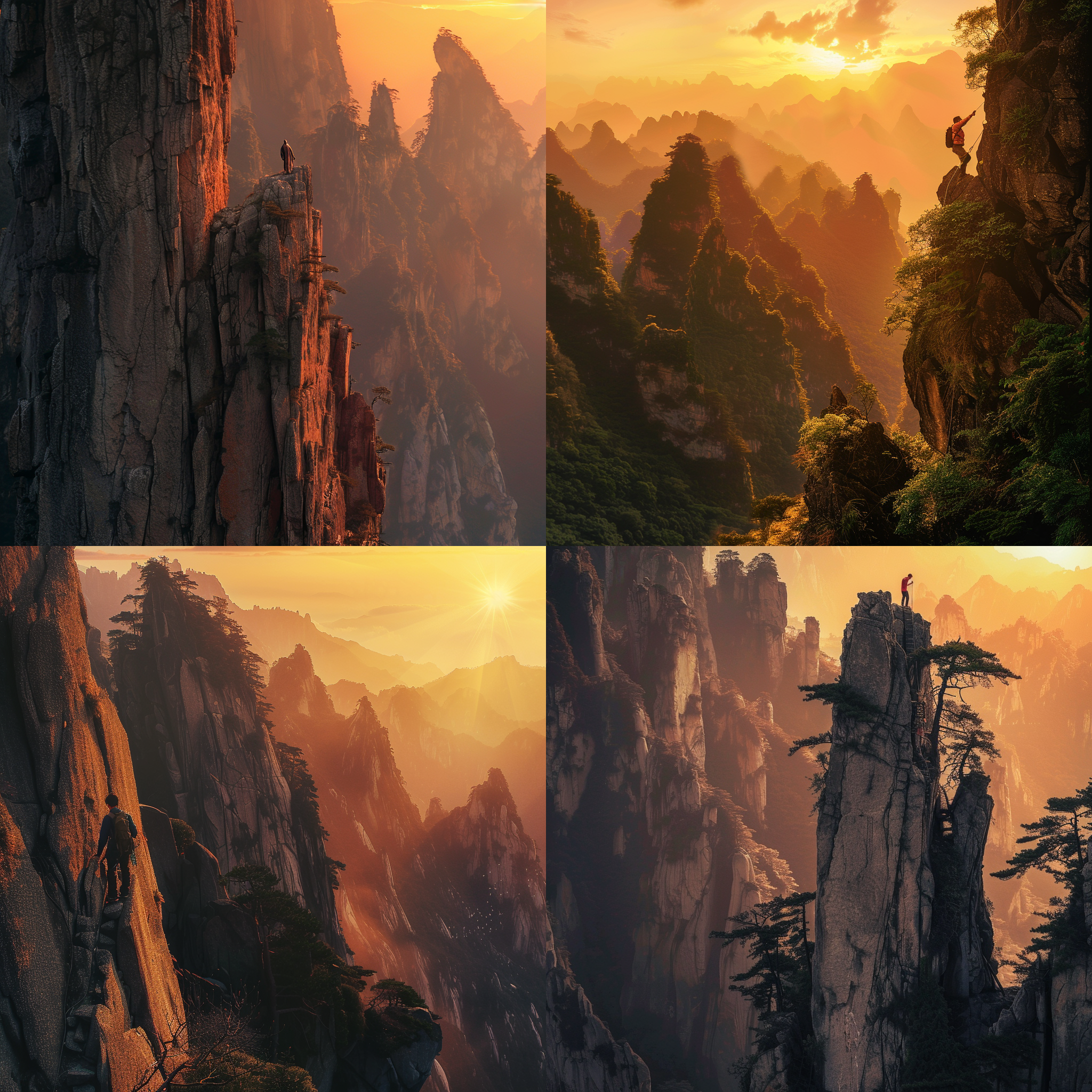 男子爬山，日落时分，中国山脉，高大险峻，插满刀刃，山顶资本雕像，光芒万丈，伤痕累累，暖色调，长焦镜头，侧光，奋力攀登，壮丽。