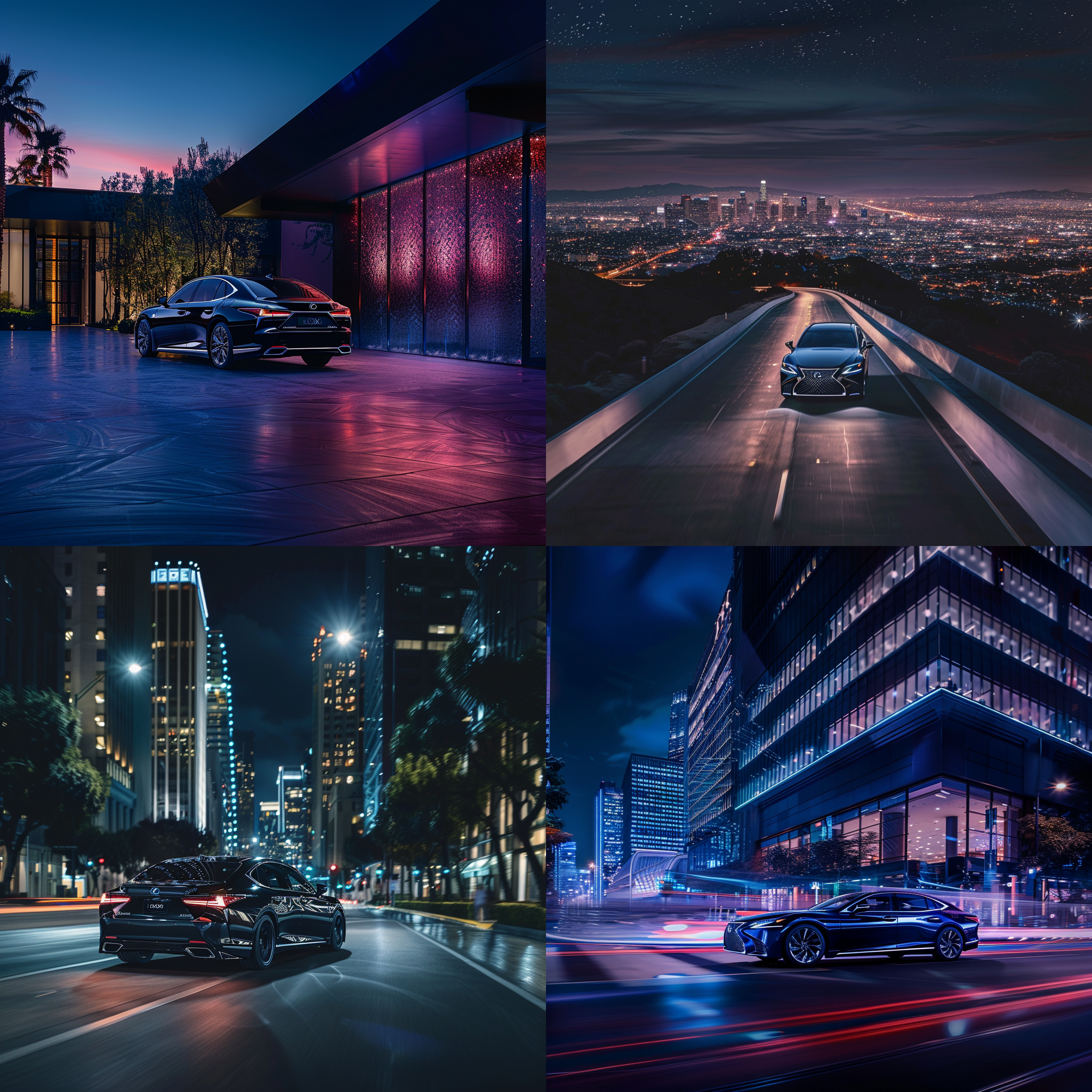 雷克萨斯最新款轿车，城市夜景，华丽灯光，玻璃反射，动感线条，现代设计，高级感，宽广透视，夜晚驾驶，科技感。