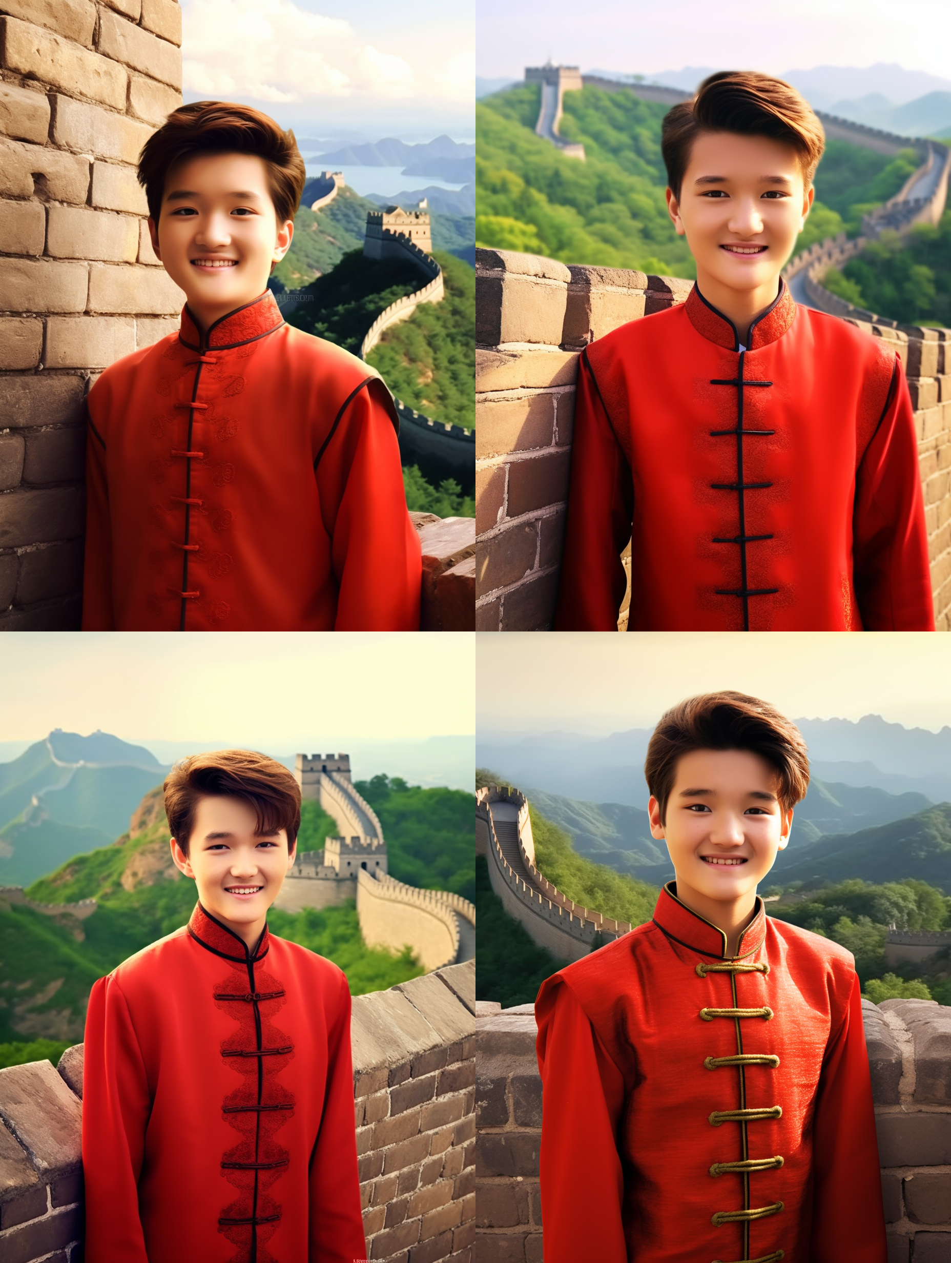 短发男孩微笑帅气，穿着红色传统服装，身处长城 人物肖像，古风风格，长城背景，红色主题，传统服装，微笑，明亮色调，细节丰富，中焦镜头，自然光，自信。