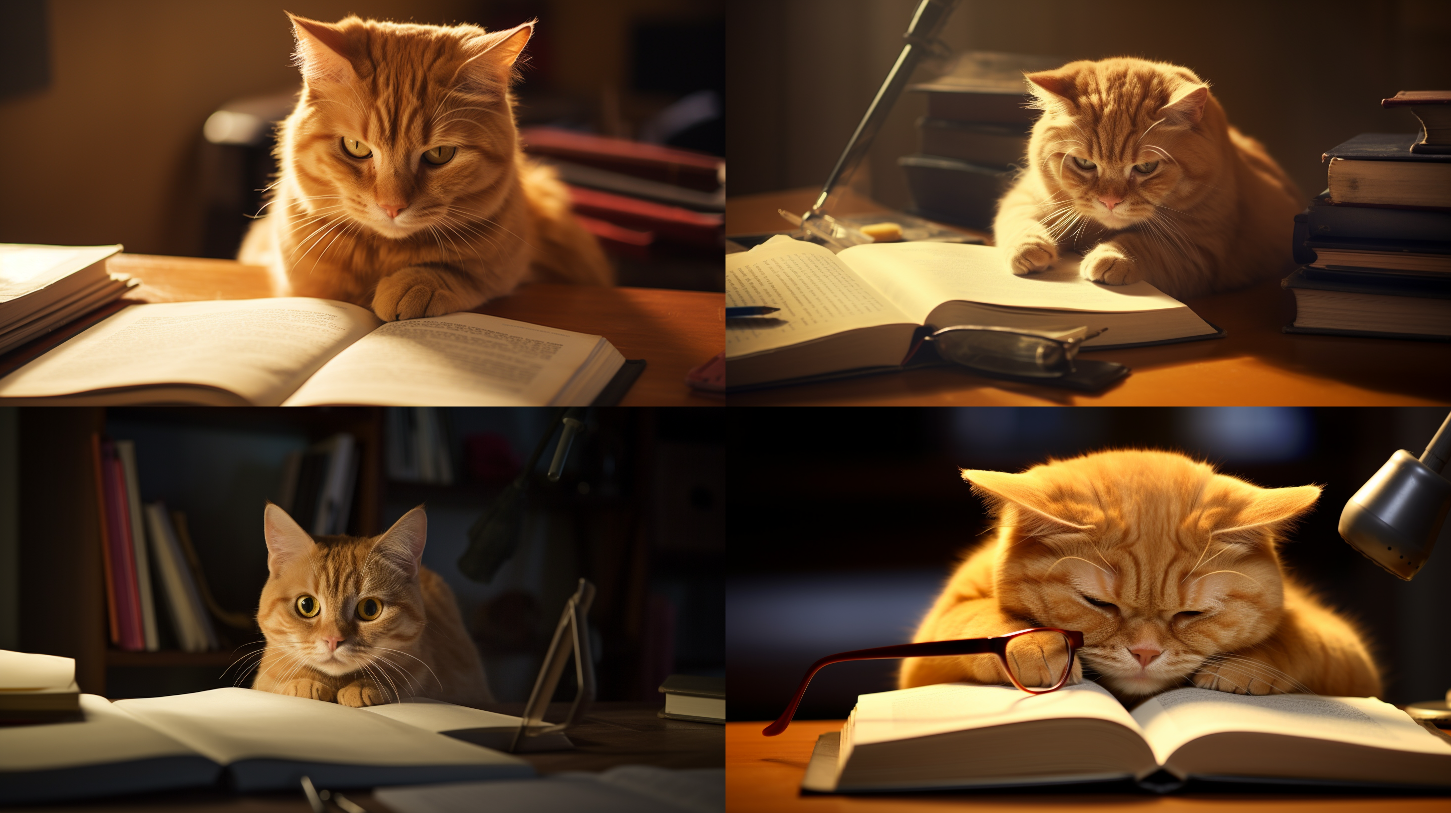小橘猫做作业，对角线布局，室内环境，暖色调，标准镜头，柔和侧光，专注表情，书本堆积，温馨，可爱。