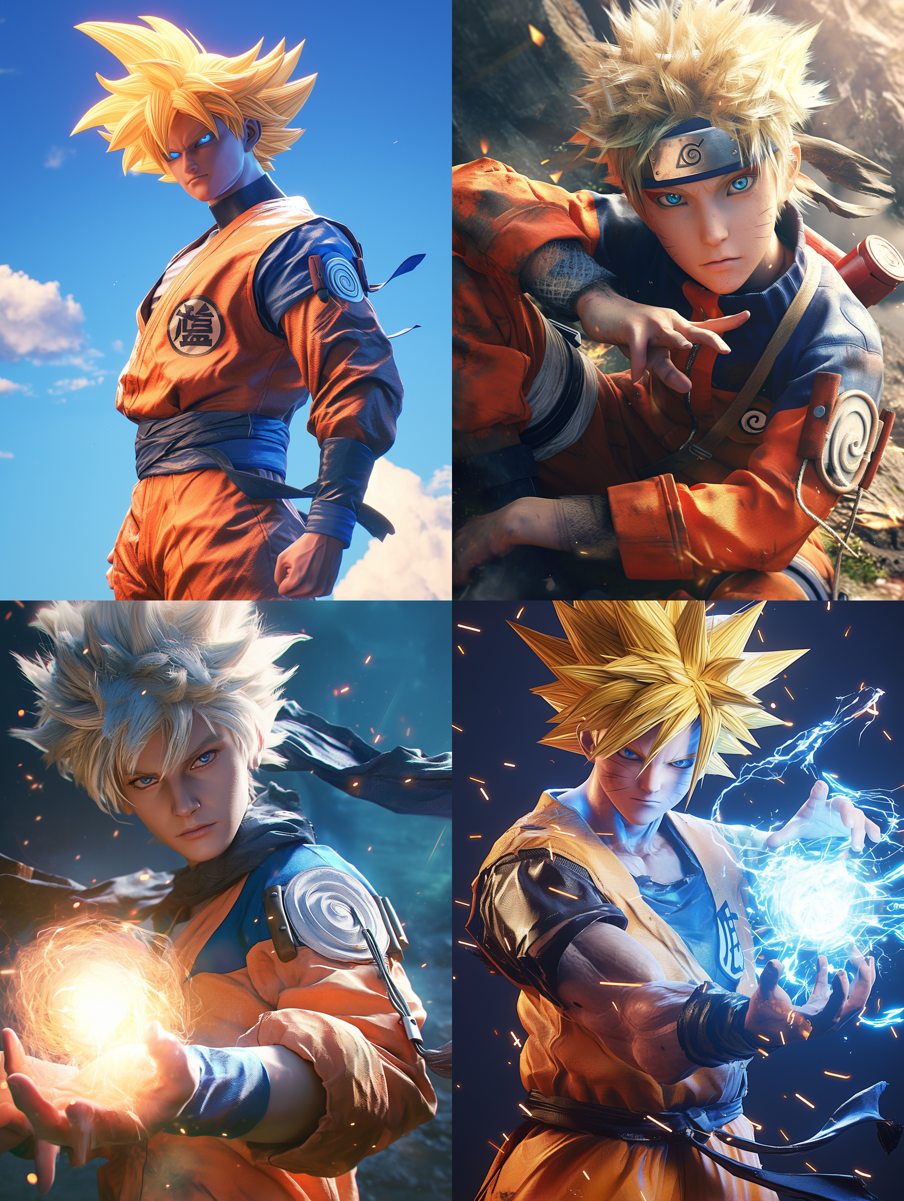 超悟空和鸣人的完美混合体，穿着鸣人仙人模式的服装，超细节，逼真，辛烷值渲染，虚幻引擎，超细节，电影照明，高清，32k，超分辨率，prophoto rb，自然照明，白炽灯，电影照明，演播室照明，柔和的照明，体积，控制，光线追踪，全局照明，光学，散射，发光阴影，粗糙，微光