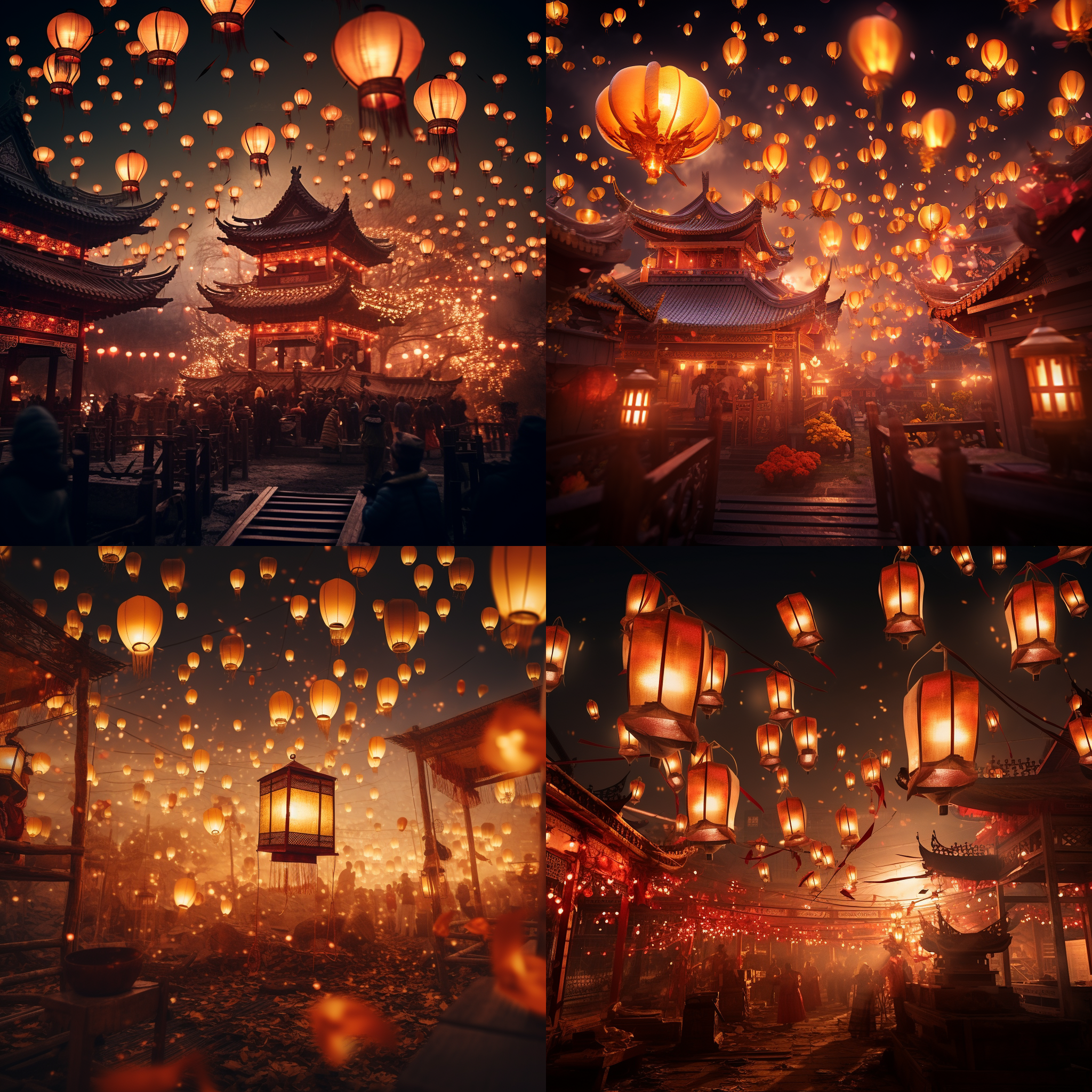 中国龙飞来，中央构图，暖色调，灯笼环绕，祥和氛围，远景透视，长焦镜头，环境光，飘动，喜庆。