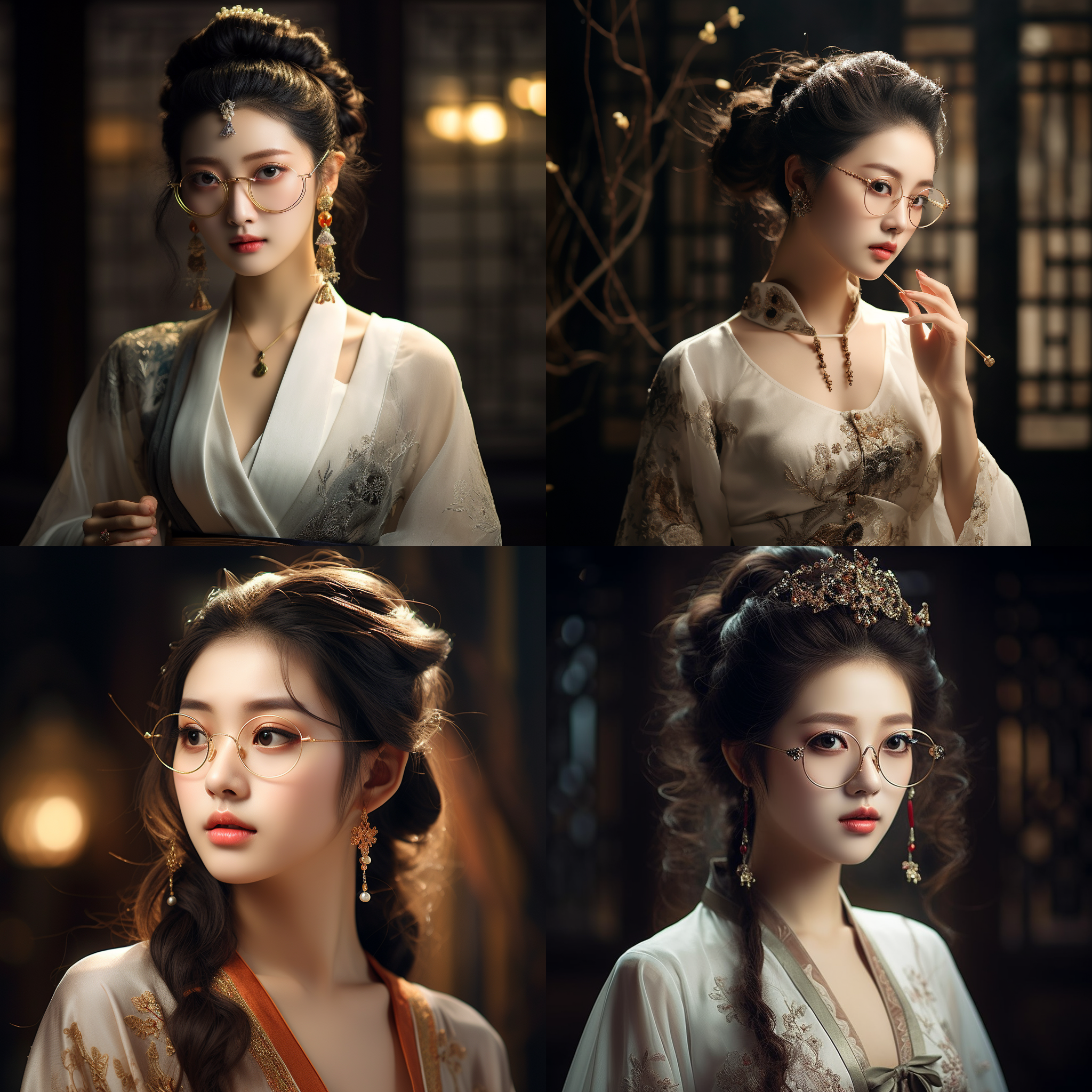 中国古代艺术，唐代风格，绝美女子，放大后，展现出她雍容华贵的容颜，迷人的眼神中带着一丝神秘。她一身精致的服饰，凸显出她优雅的身材。巧妙的灯光凸显了她精致的五官，而她的眼镜则流露出自信和一丝脆弱。 唐代风格，古典服饰，神秘眼神，精致五官，优雅，自信，脆弱，灯光突出，华贵容颜，暖色调。