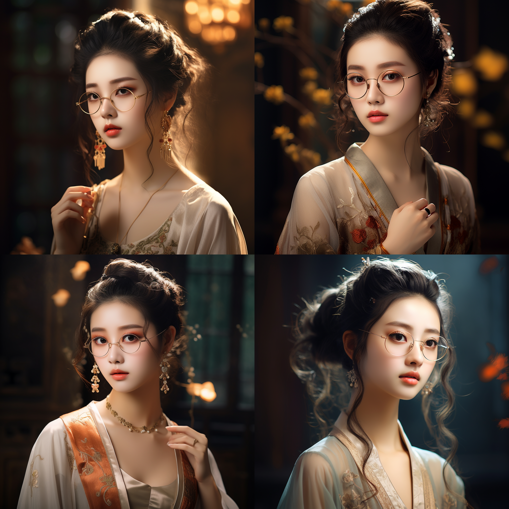 中国古代艺术，唐代风格，绝美女子，放大后，展现出她雍容华贵的容颜，迷人的眼神中带着一丝神秘。她一身精致的服饰，凸显出她优雅的身材。巧妙的灯光凸显了她精致的五官，而她的眼镜则流露出自信和一丝脆弱。 唐代风格，古典服饰，神秘眼神，精致五官，优雅，自信，脆弱，灯光突出，华贵容颜，暖色调。