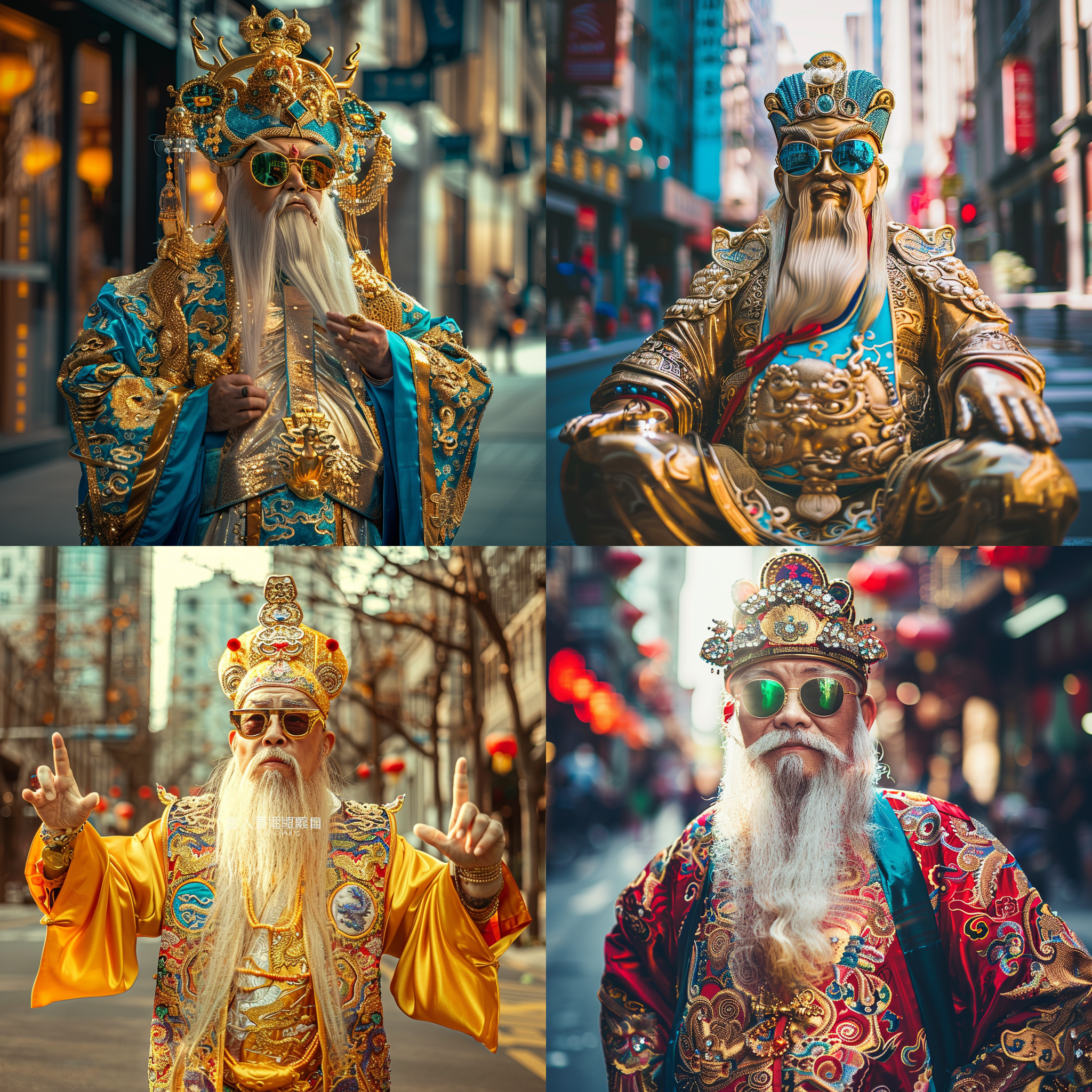 中国财神爷，时尚icon财神，金光闪闪，设计感衣服墨镜，大胆构图，城市街道，高级时尚摄影风格，长焦镜头，逆光，独特动作，色彩鲜明，自信表情。