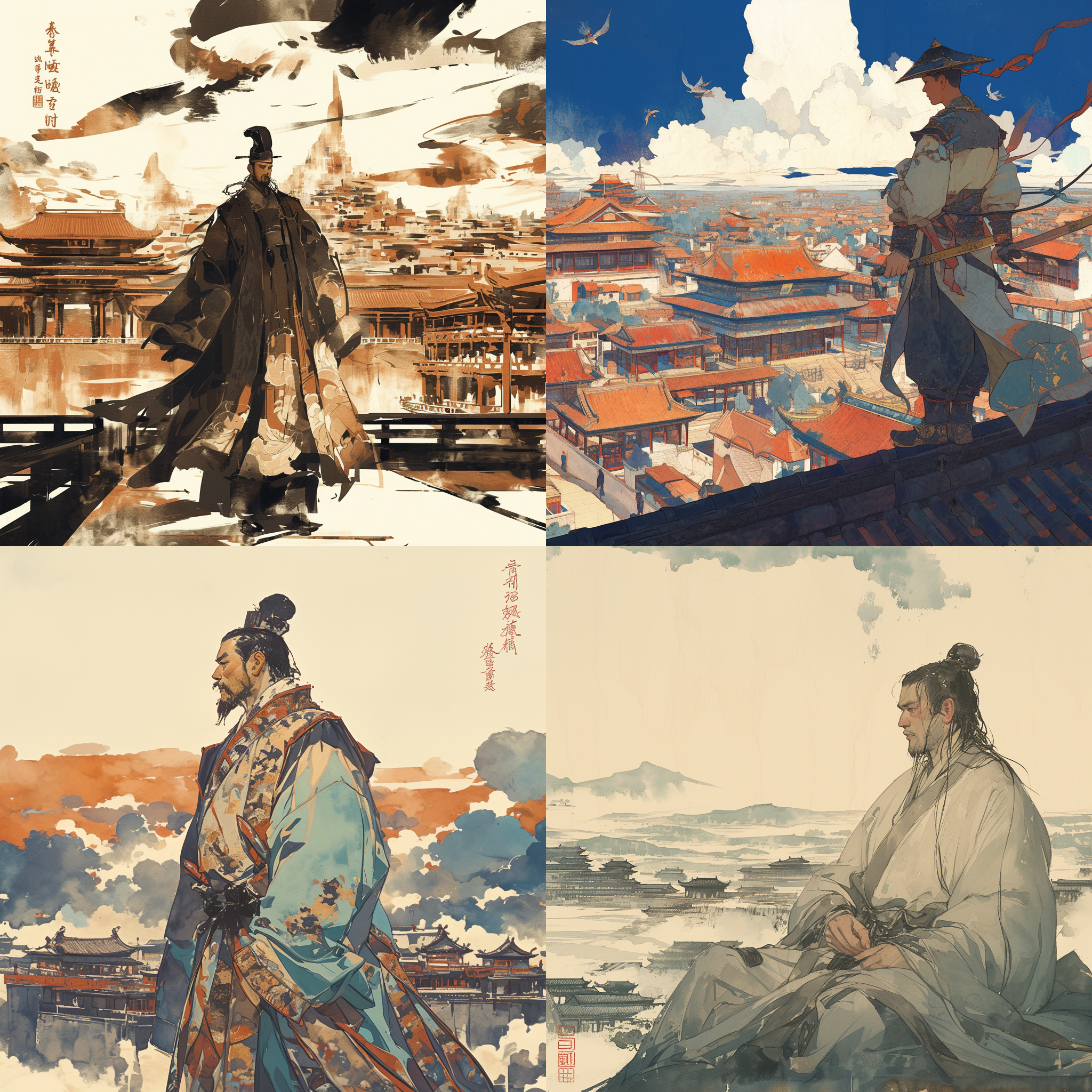 唐太宗李世民，长安城背景，构图有层次，有唐朝版图，有斑驳墨迹，有云朵背景，有唐代纹饰，古风服装，庄严表情，传统建筑，中画幅相机，长焦镜头，暖色调，逆光，沉稳。