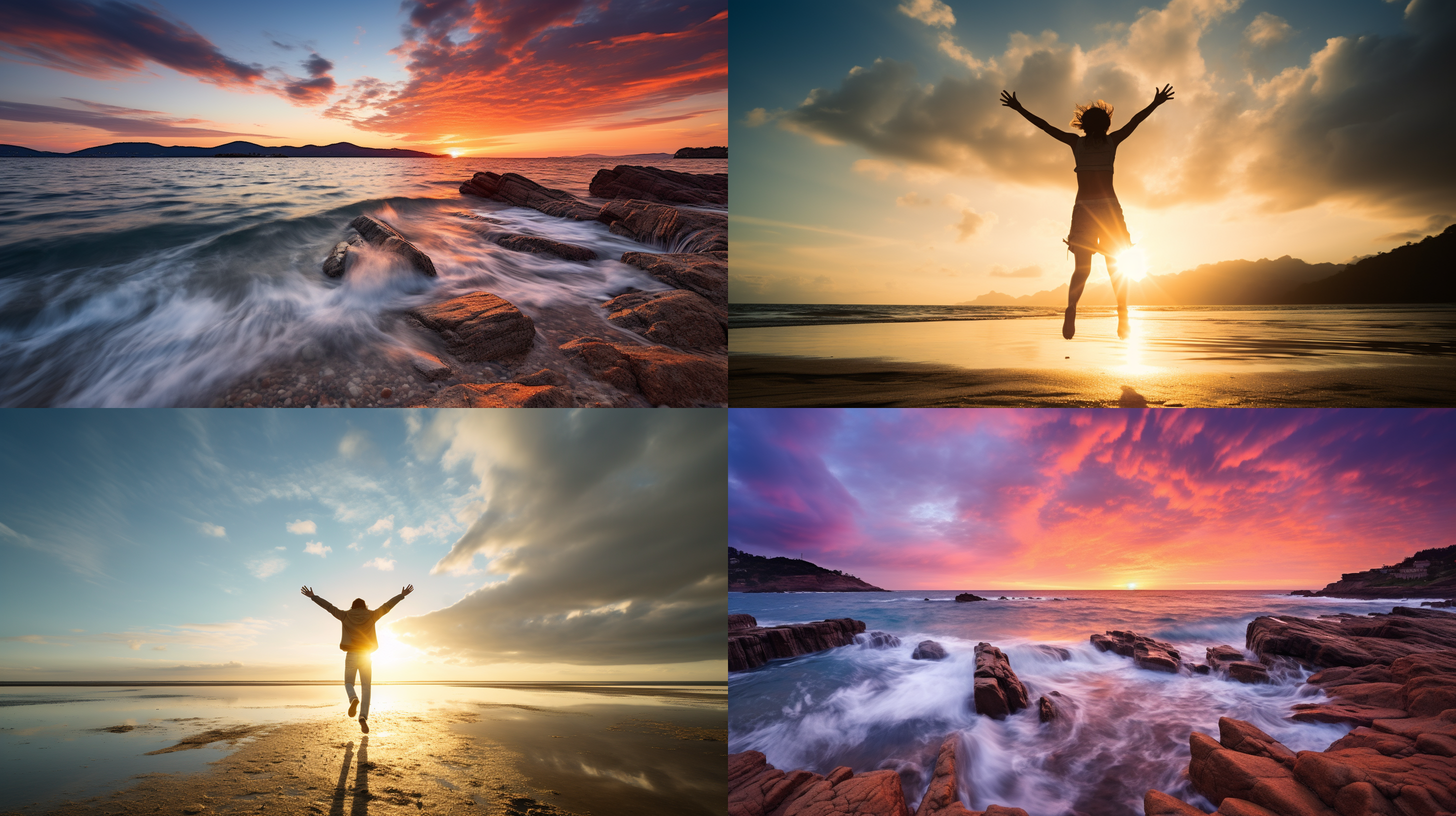 日出海边，云朵飘散，逆光拍摄，广角镜头，海水飞溅，快门速度快，动感十足，明亮色调，自由，惊险。