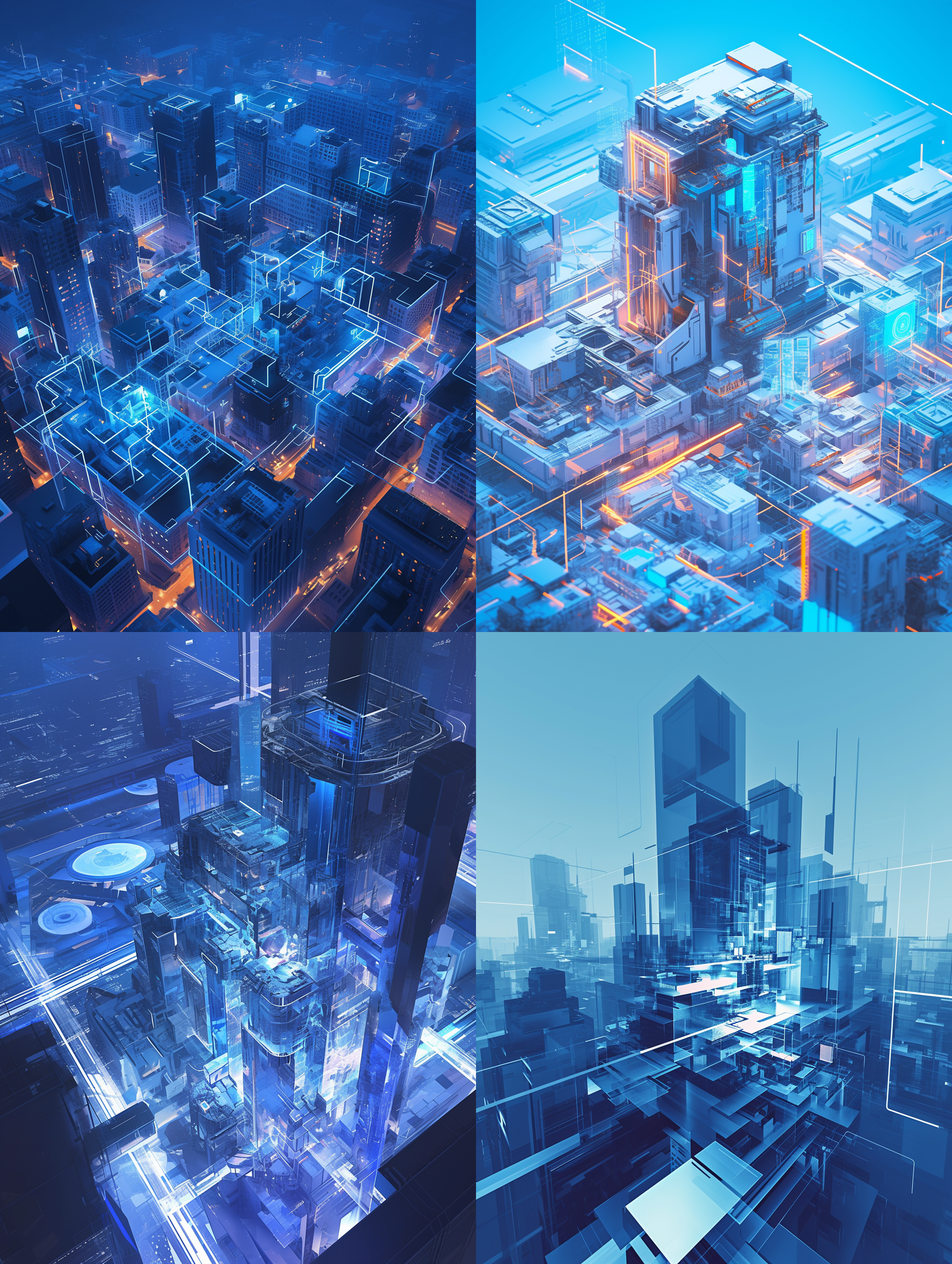 smart buildings，smart urban construction smart building concept illustration, smart building architectural design v2.0, in the style of matte drawing, 32k uhd, in the style of hazy, dreamlike quality, light black and blue，c4d，scientific and technological style ，style raw