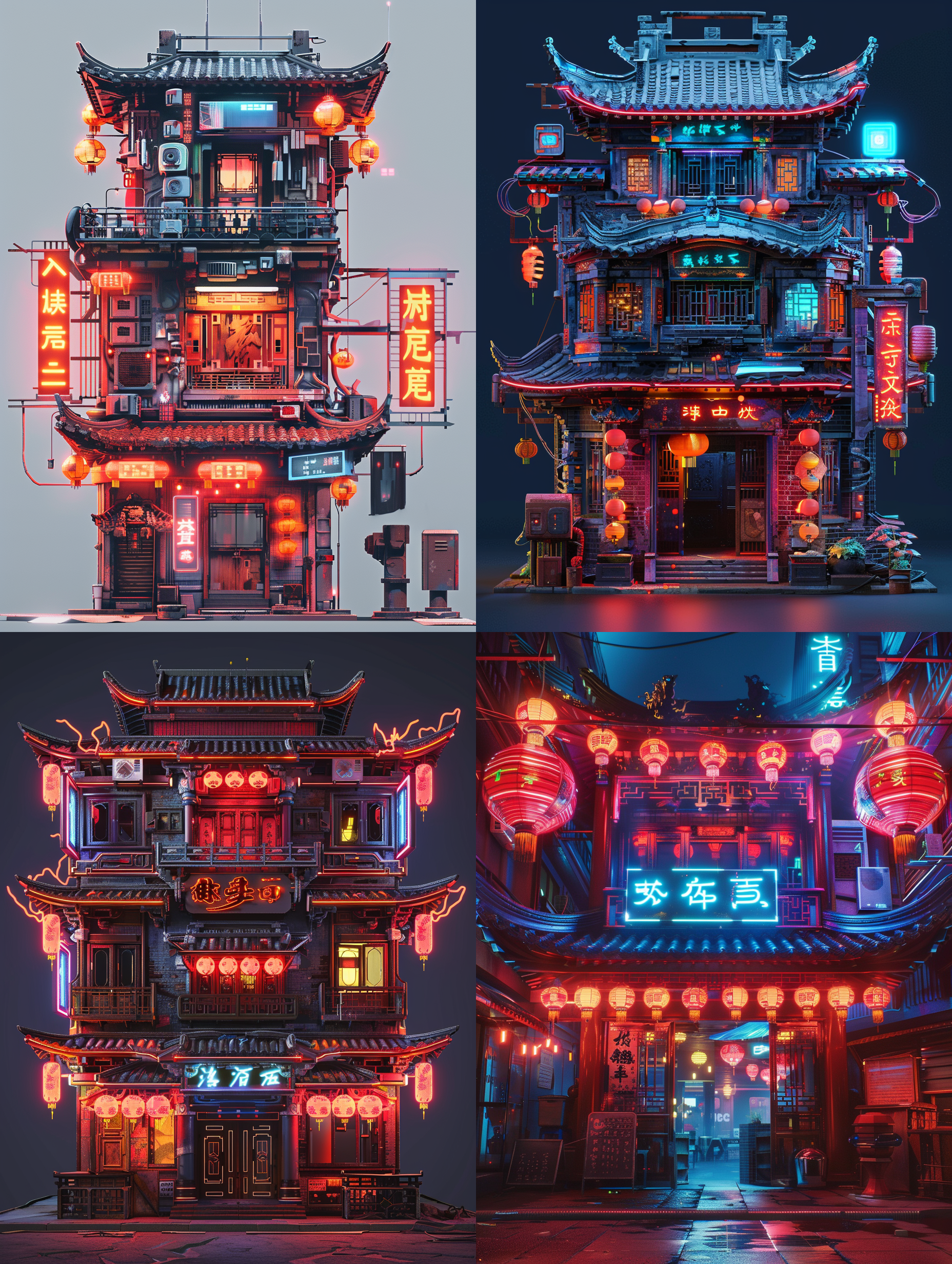 single building design. chinese cyber style building, two storey building, single building, cyberpunk 2077, ancient chinese style,, neon lights, red lanterns. front building