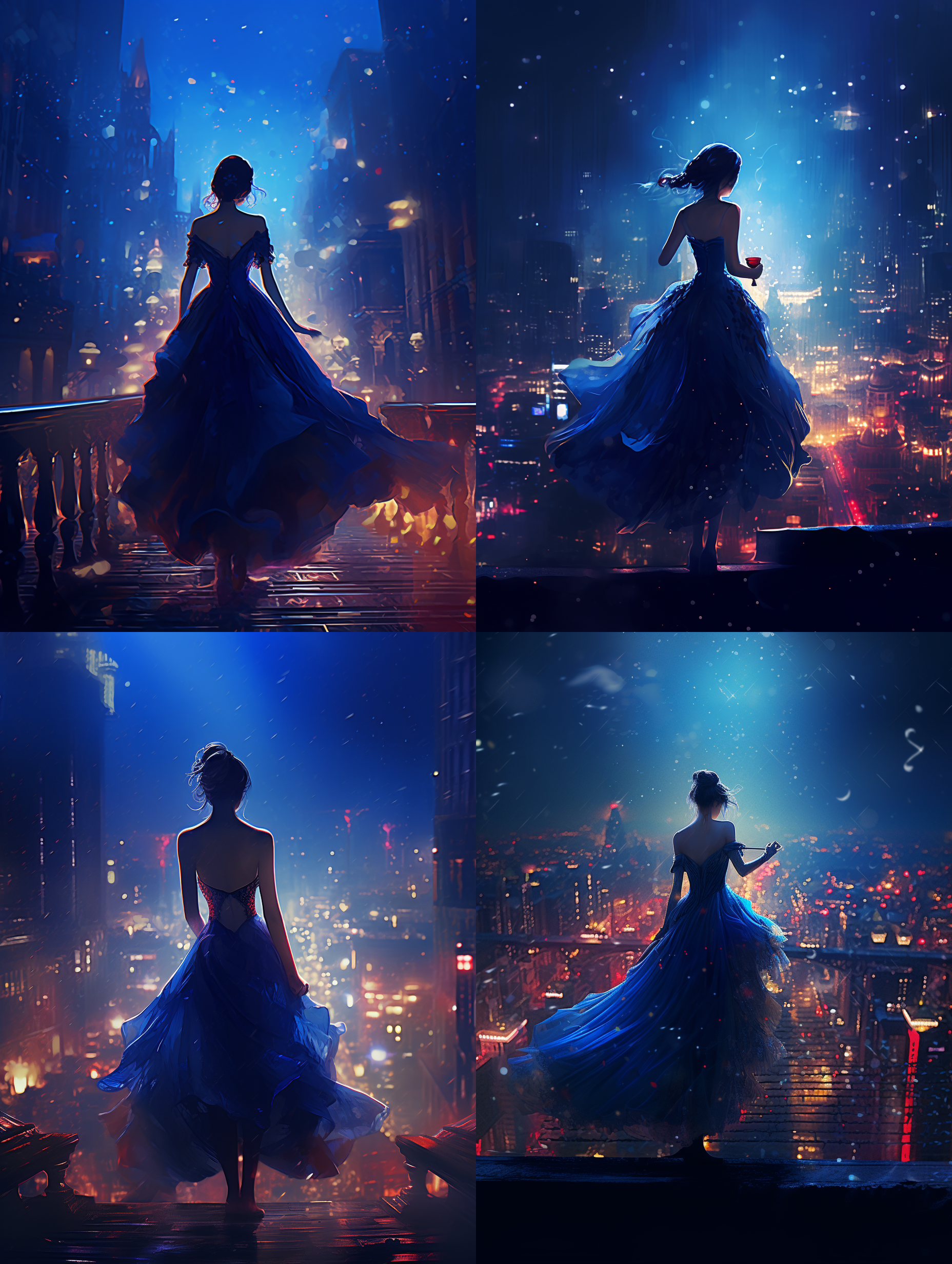 a woman in a blue dress standing in the rain at night with a cityscape in the background, trending on art station, a digital painting, alejandro burdisio, fantasy art