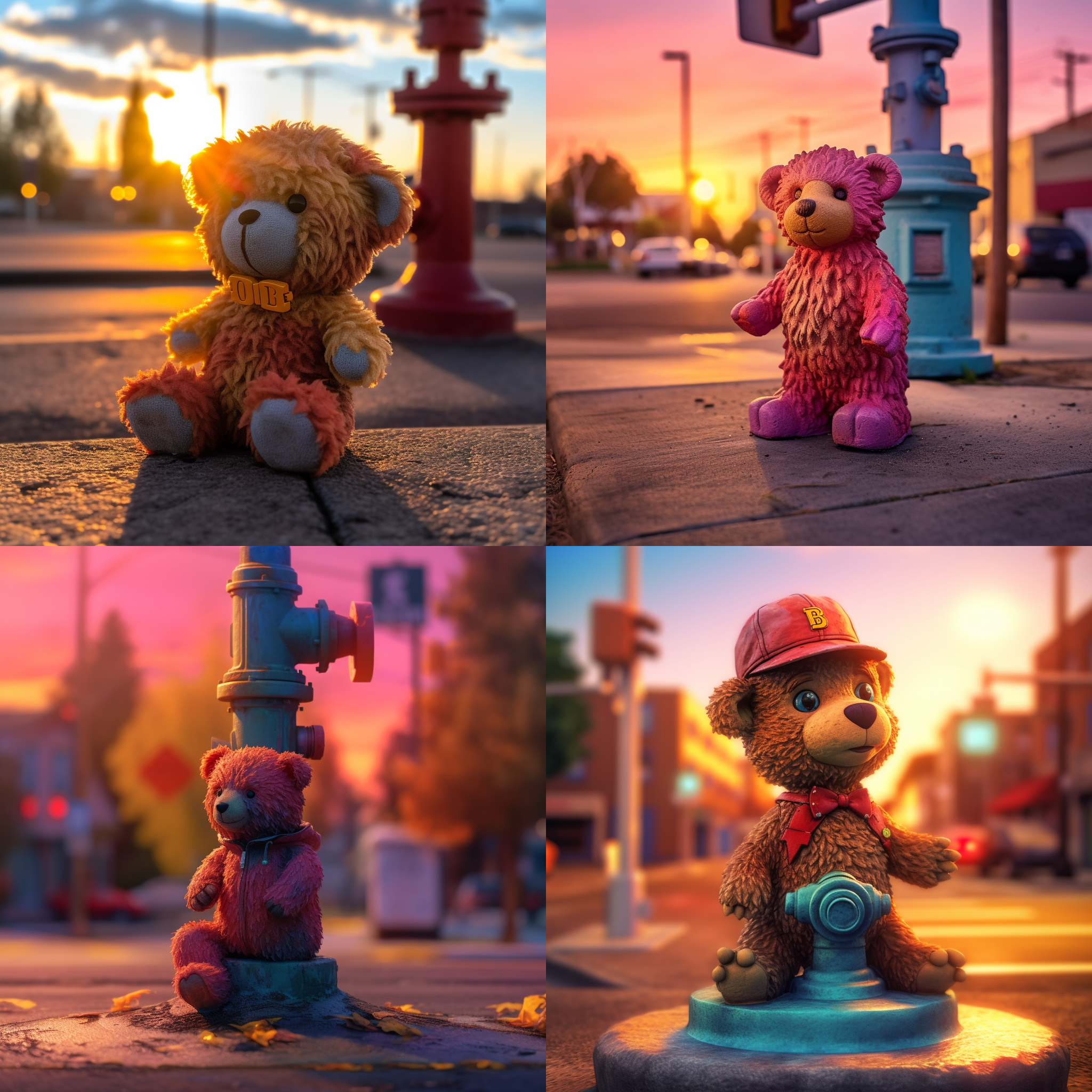 狗熊蜷缩在消防栓上，夕阳下的城市街道，立体构图，饱和色彩，长焦镜头，柔和侧光，眼神温柔，呆萌可爱，轻松自在。