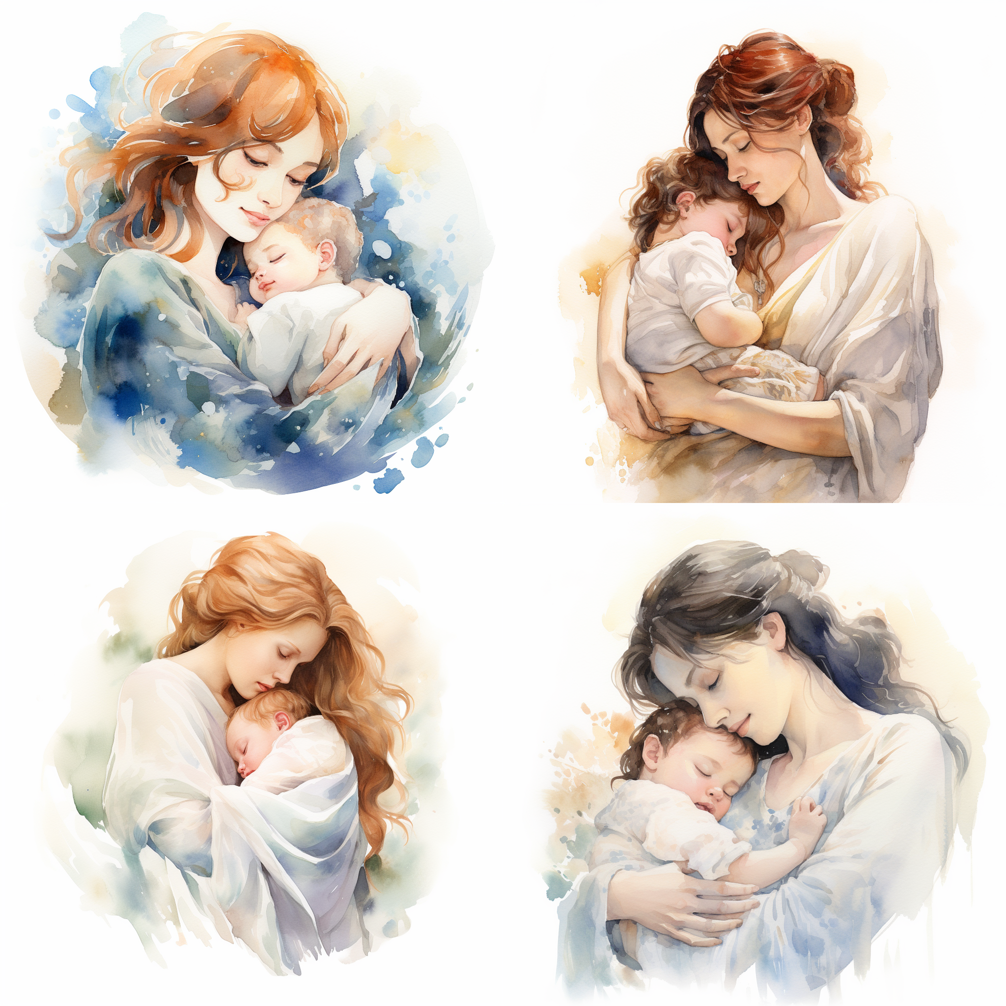水彩，一个妈妈抱着初生婴儿在怀里，妈妈深情看着怀里的婴儿，婴儿在熟睡，白色背景，吉卜力风格